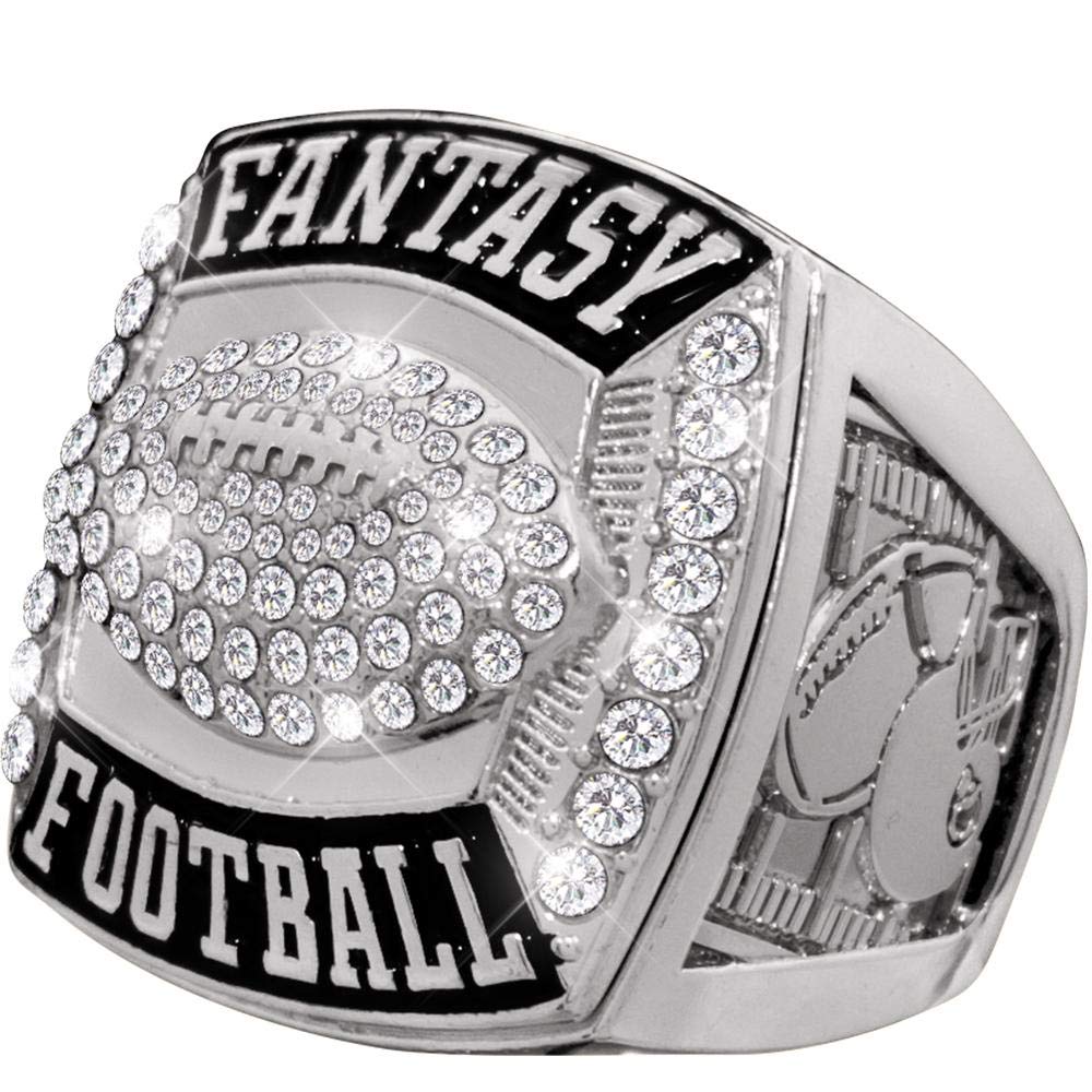 Fantasy Football Champion Rings for Men - Silver Deluxe Custom Championship Ring with Genuine Gems | Sizes 8-13 | Perfect for Fantasy League Winners, Trophy Displays & Sports Memorabilia Collections