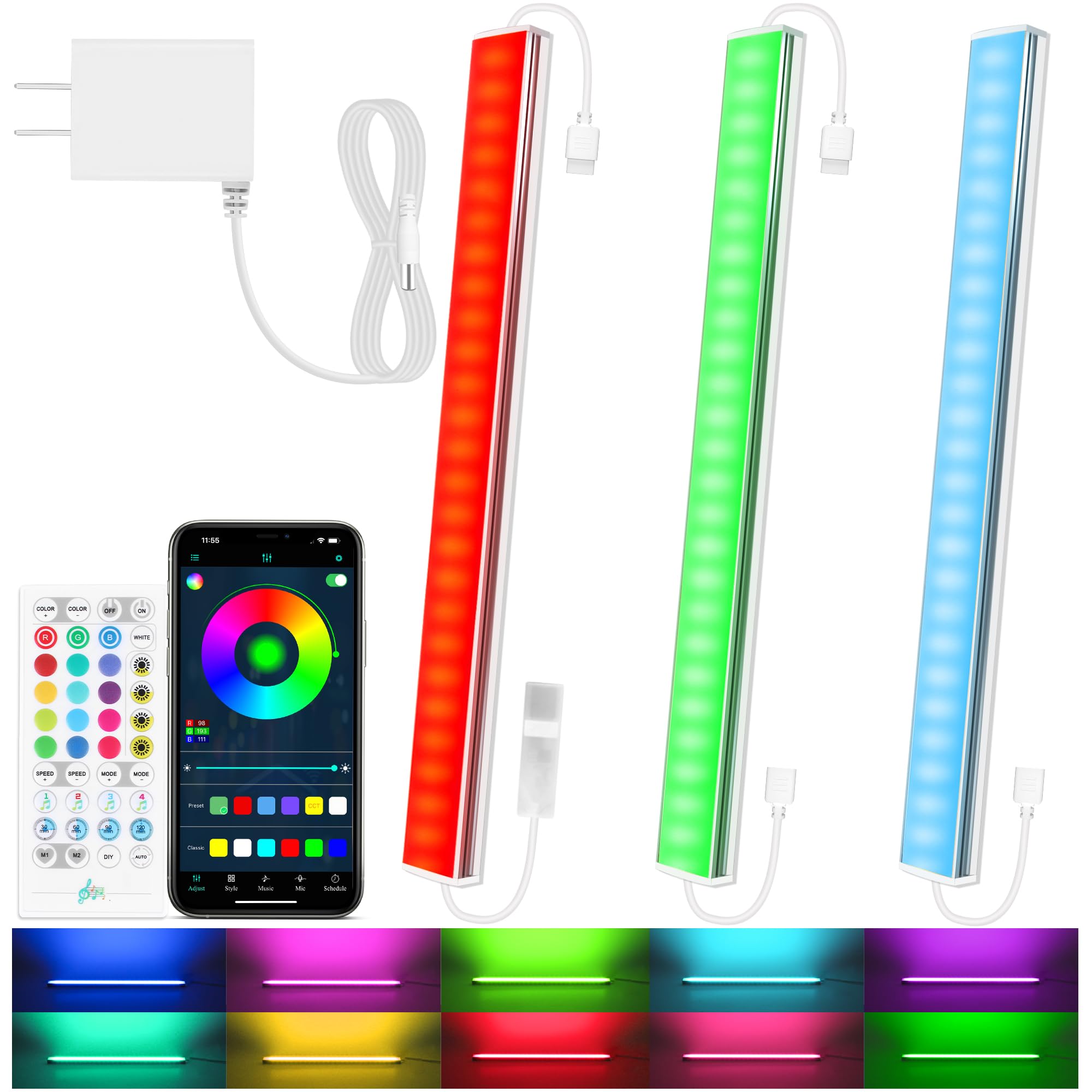 3 Pcs RGB Under Cabinet Lights Kit with Smart App & Remote Control - Dimmable LED Strip Lights for Kitchen, Counter, Workbench, Desk - Perfect for Task Lighting, Ambiance & Under Shelf Illumination