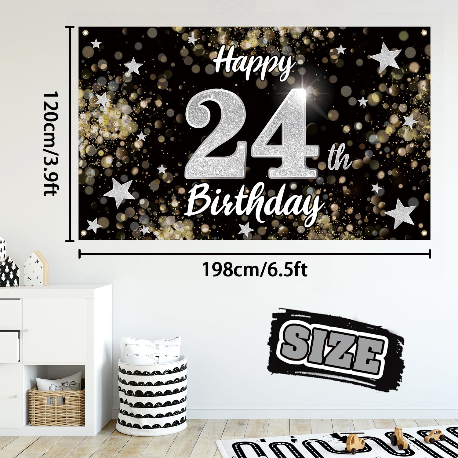 24th Birthday Decorations - Black & Silver Dream Star Large Backdrop Banner for 24 Years Old Party | Perfect for Milestone Celebrations, Photo Booths & Birthday Party Decor