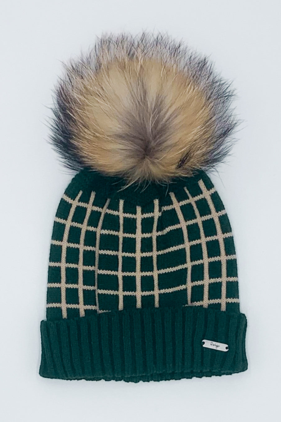 Bottle Green & Camel Check Knit Faux Fur Pom Pom Hat - Winter Beanie for Women, Soft Warm Knitted Hat with Faux Fur Ball, Fashionable Cold Weather Accessory for Outdoor Activities, Skiing, Snowboarding, and Daily Wear