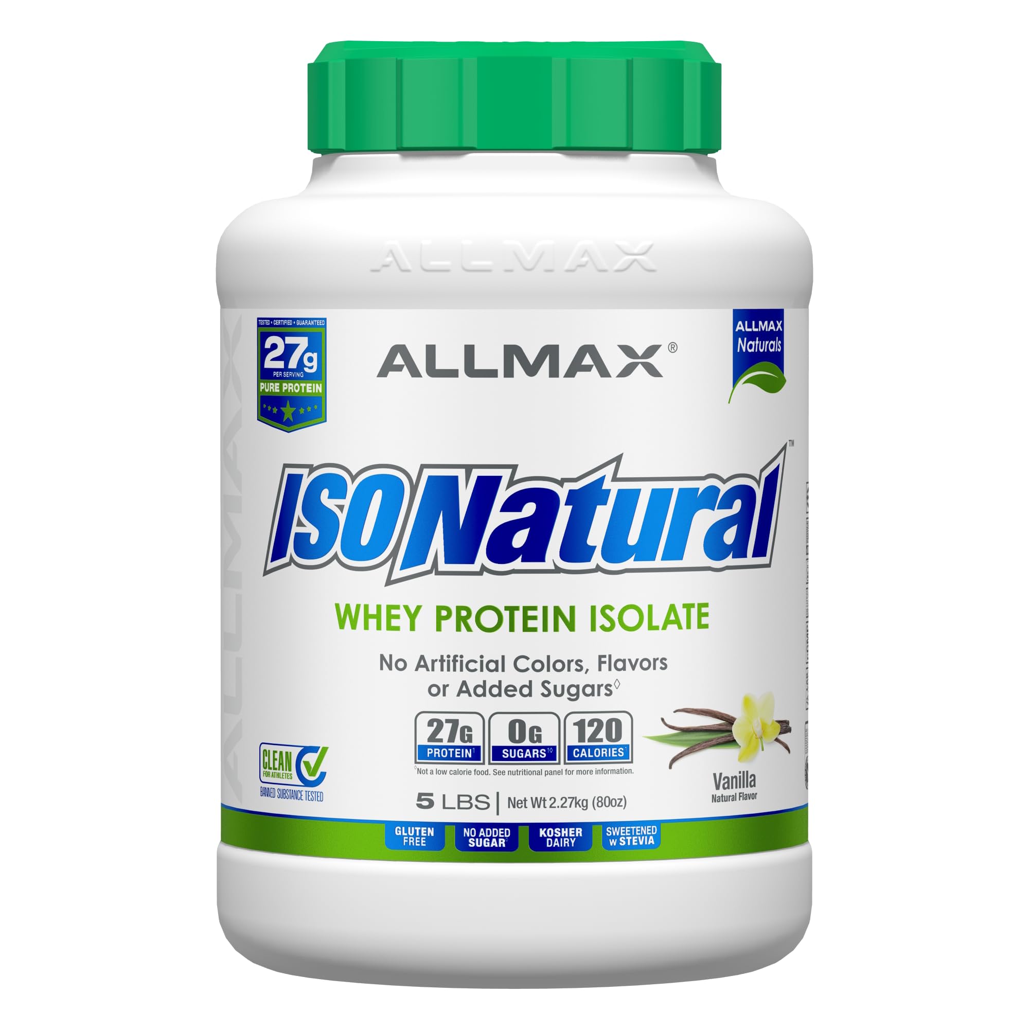ALLMAX Nutrition ISONATURAL Whey Protein Isolate Powder, Vanilla Flavor - 5 lb (73 Servings) - 27g Protein Per Scoop, Zero Fat & Sugar, 99% Lactose Free with Prebiotics - No Artificial Flavors - Ideal for Post-Workout Recovery, Muscle Building & Weight Management