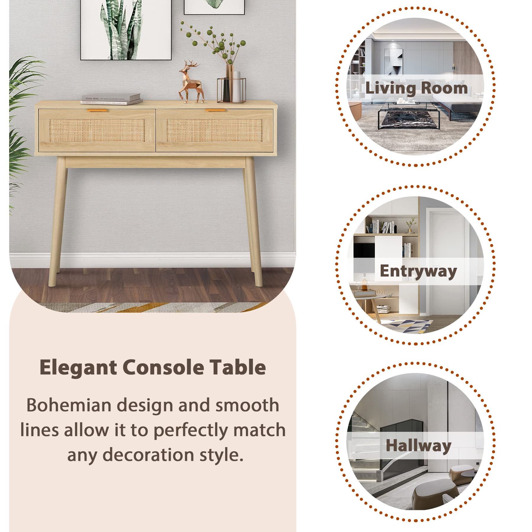 Rattan Console Table with 2 Drawers - Narrow Entryway Sofa Table with Storage for Hallway, Living Room & Bedroom - Natural Wood Accent Furniture for Behind Couch & Small Spaces