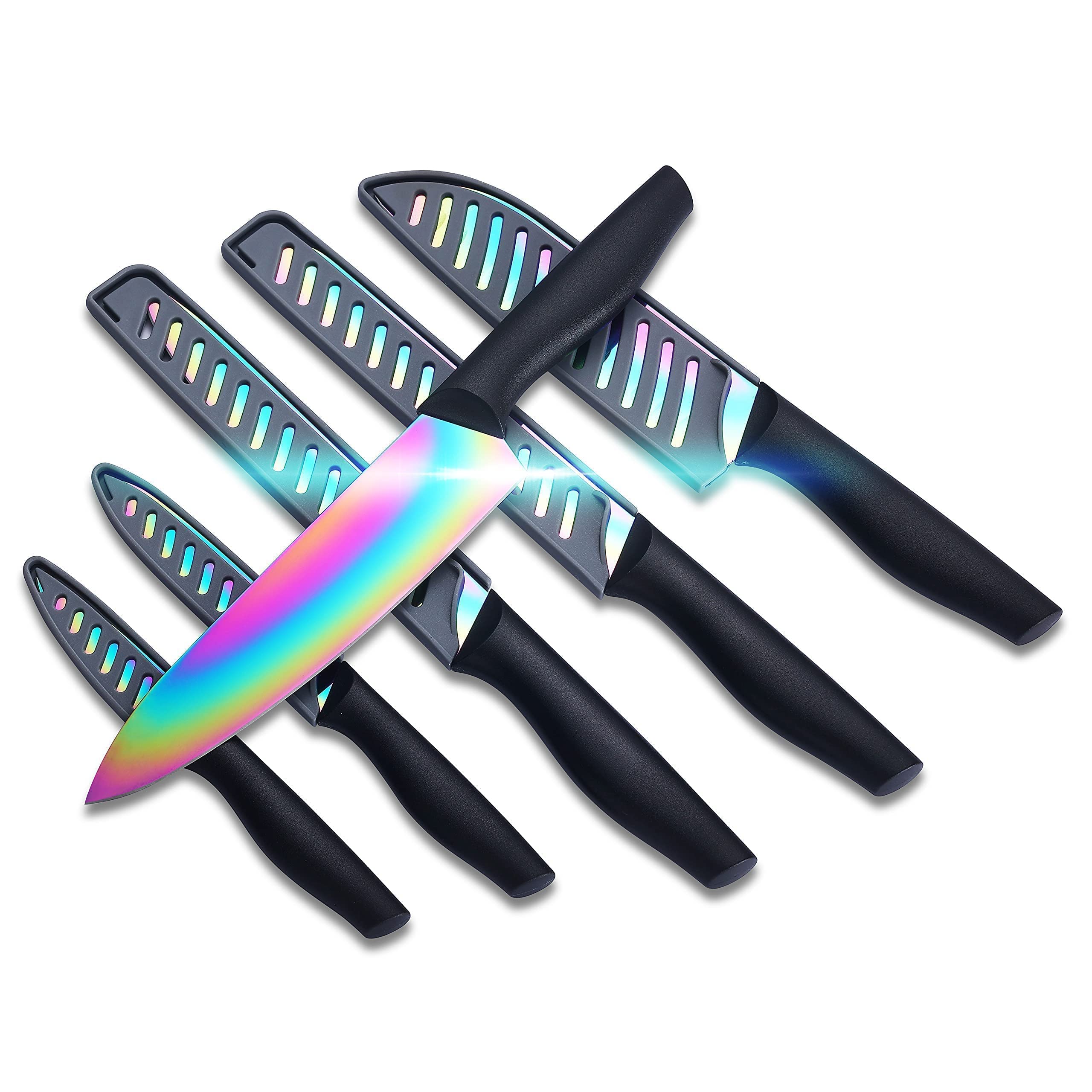 KYA36 Rainbow Titanium 12-Piece Stainless Steel Kitchen Knife Set with Sheath & KYA52B 7-Piece Titanium-Plated Cooking Utensil Set - Professional Cutlery for Home Chefs, Perfect for Cooking, Slicing, and Food Prep