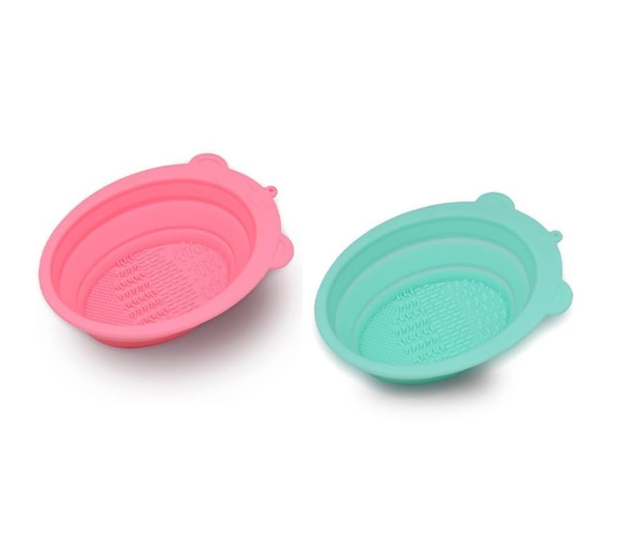 MobFest® Flexible Silicone Makeup Brush Cleaner - Foldable Cleaning Bowl for Cosmetic Brushes, Sponge & Powder Puff - Scrub Pad & Tray - Multicolor (Medium, 2-Pack) | Perfect for Travel & Home Makeup Organization