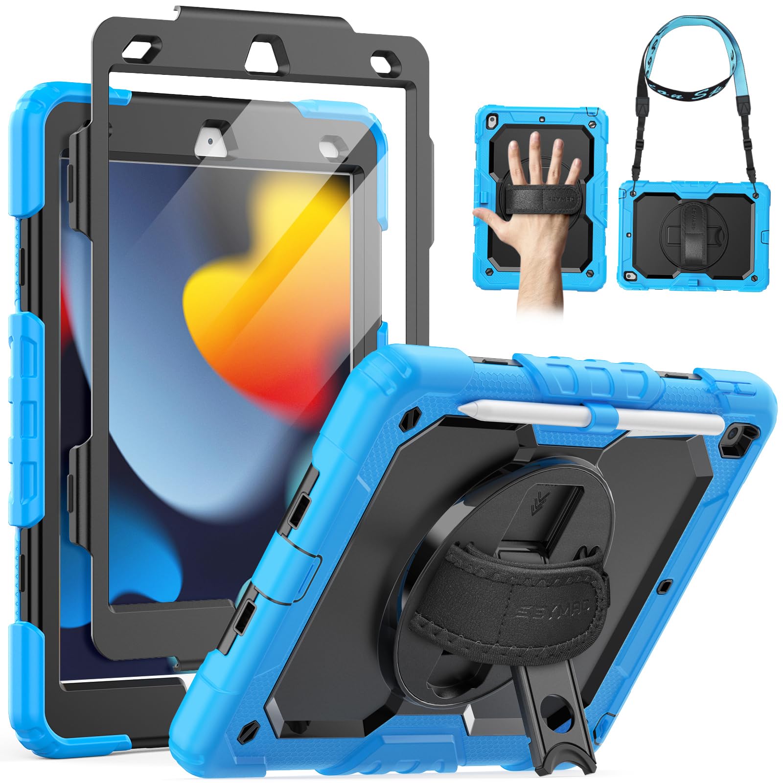 SEYMAC Shockproof Kids iPad Case for iPad 9th/8th/7th Gen 10.2 Inch (2021-2019) - Heavy Duty Protective Cover with Screen Protector, Rotating Stand, Handle & Shoulder Strap - Light Blue | Perfect for School, Travel & Home Learning