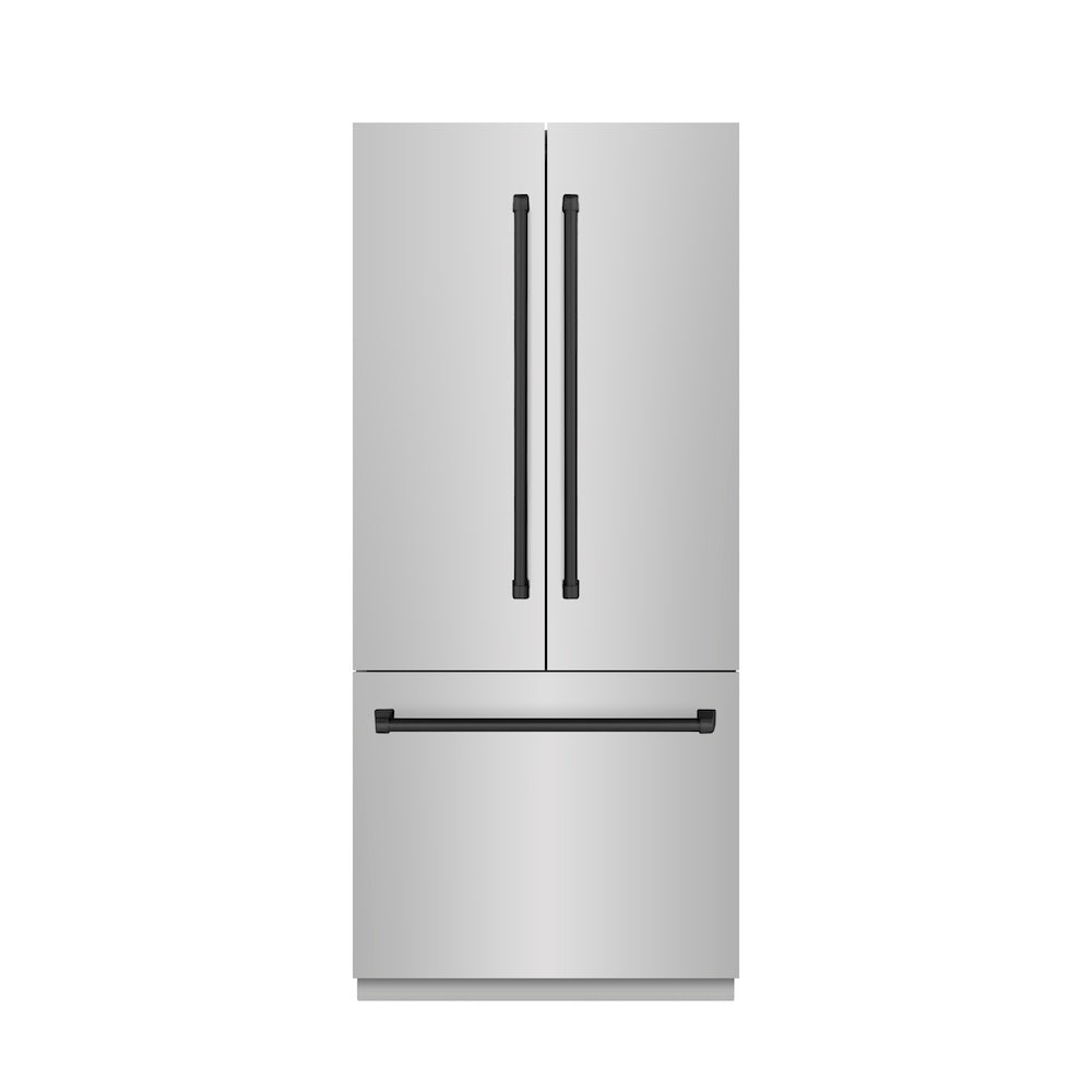 ZLINE Autograph Edition 36 Inch 19.6 Cu Ft French Door Built-In Bottom Freezer Refrigerator with Water Dispenser & Ice Maker - Stainless Steel with Graphite Gray Interior & Matte Black Accents (GRBIVZ 304 36MB) - Perfect for Modern Kitchens & Open Concept Homes