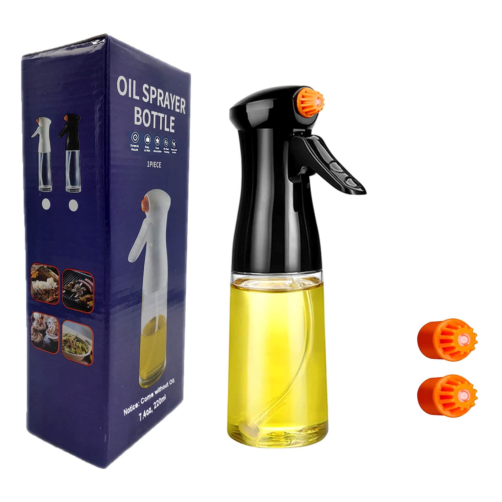 Premium Refillable Olive Oil Sprayer Bottle - 220ml/7.4oz Glass Oil Mister with 2 Nozzles for Cooking, Baking, Air Fryer, Salad & BBQ | Healthy Kitchen Gadget for Low-Calorie Meals & Perfect Food Spraying