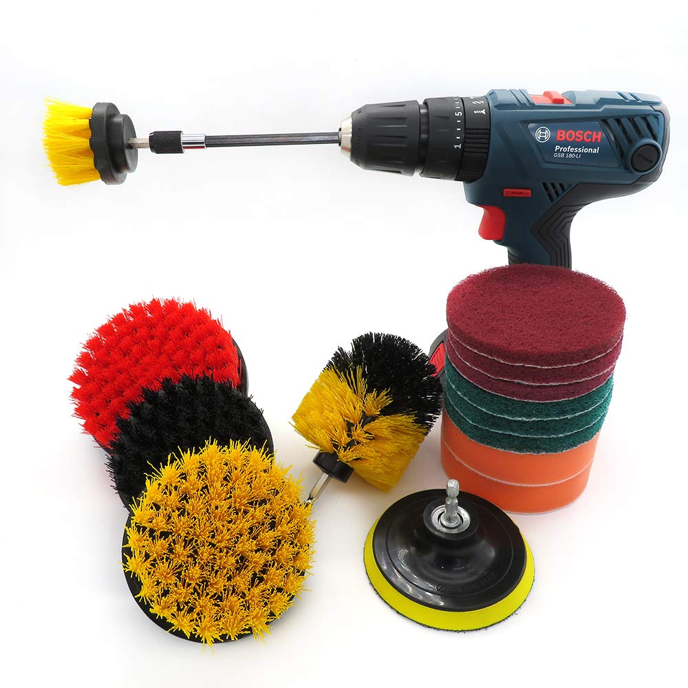 15-Piece Drill Brush Attachment Set - Power Scrubber Cleaning Kit with Extendable Handle for Tile, Floor, Bathroom, Boat & Watercraft - Multi-Surface Scrub Pads for Deep Cleaning - Perfect for Home, RV, Marine & Outdoor Use