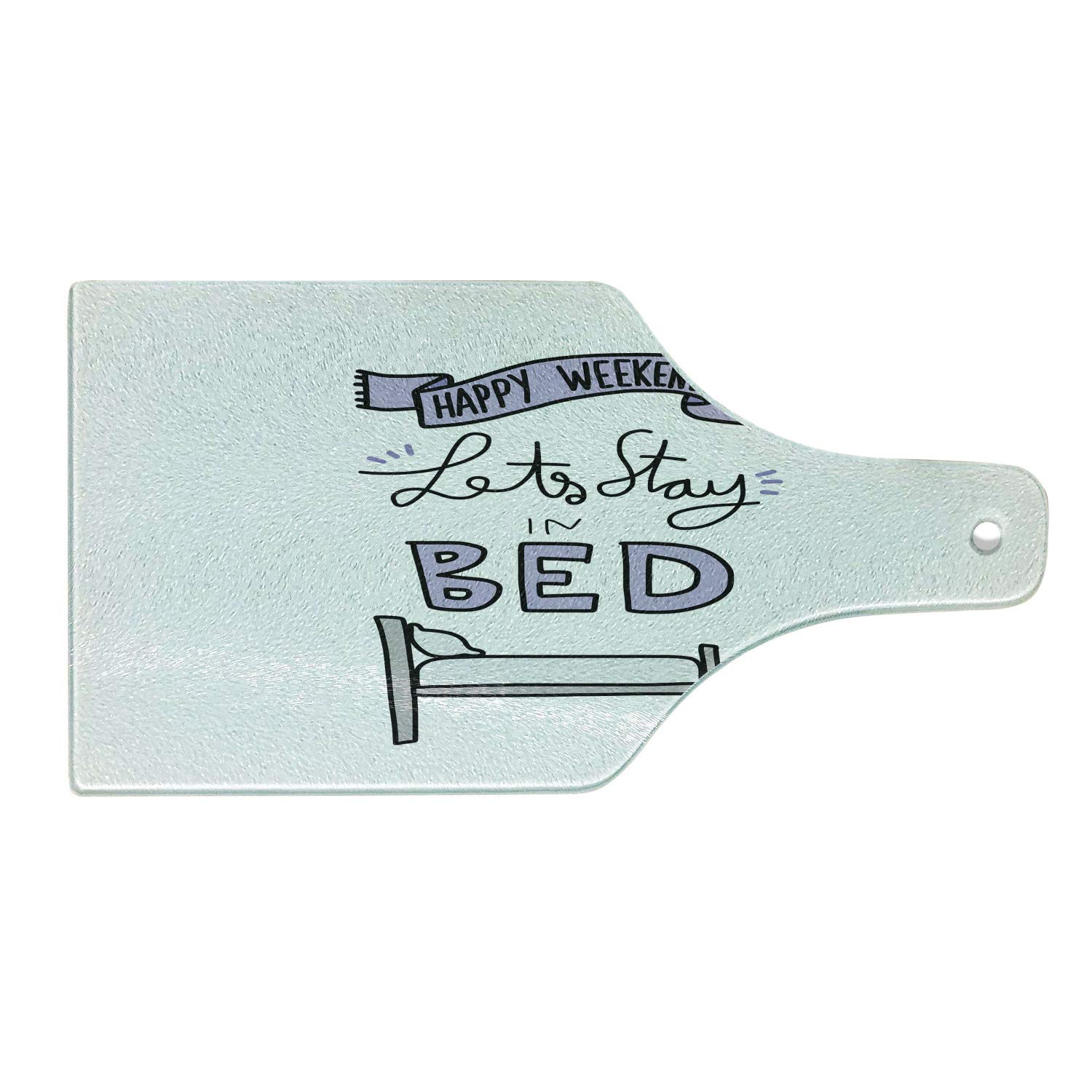 Ambesonne Happy Weekend Let's Stay in Bed Cartoon Cutting Board - Tempered Glass Serving Board with Wine Bottle Shape in Pastel Purple, Charcoal Grey & White - Perfect for Kitchen Decor, Cheese Platters & Wine Parties