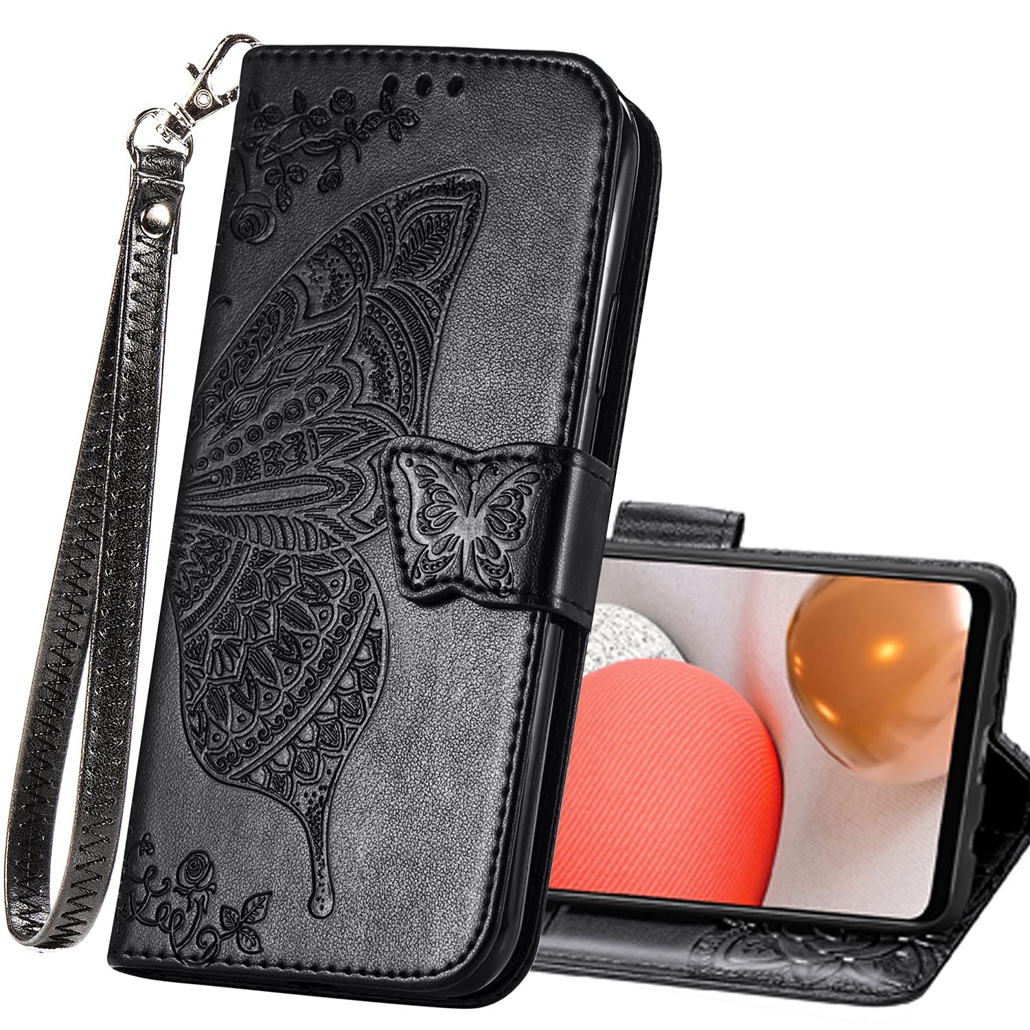 Samsung Galaxy A03s Wallet Case - PU Leather Flip Cover with Card Slots, Wrist Strap & Kickstand | Protective Phone Case for Women & Men | Perfect for Travel, Shopping & Everyday Use (Black, Butterfly Flower Embossed)