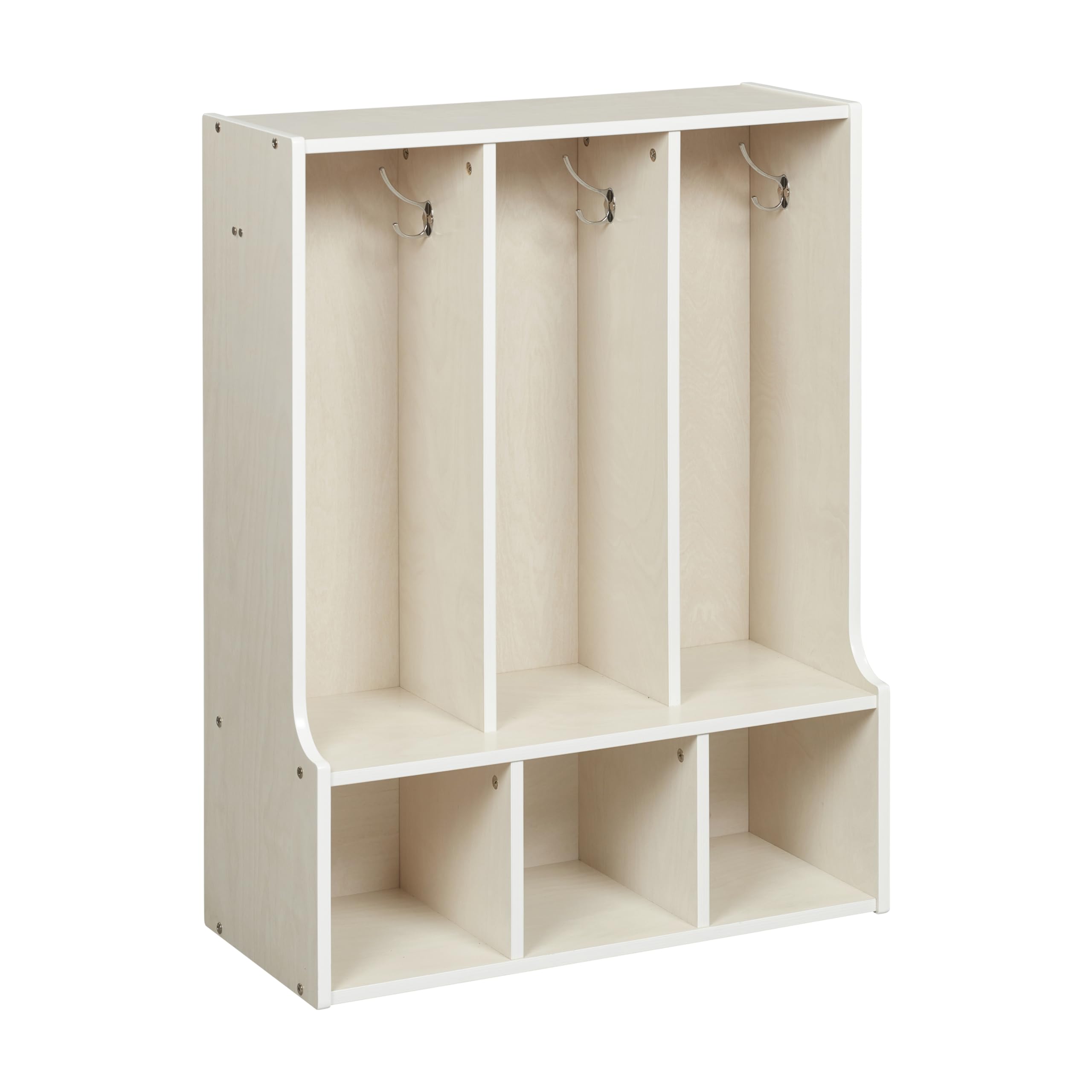 ECR4Kids White Wash 3-Section Toddler Coat Locker with Bench - Kids Storage Furniture for Preschool, Daycare & Home Entryway Organization