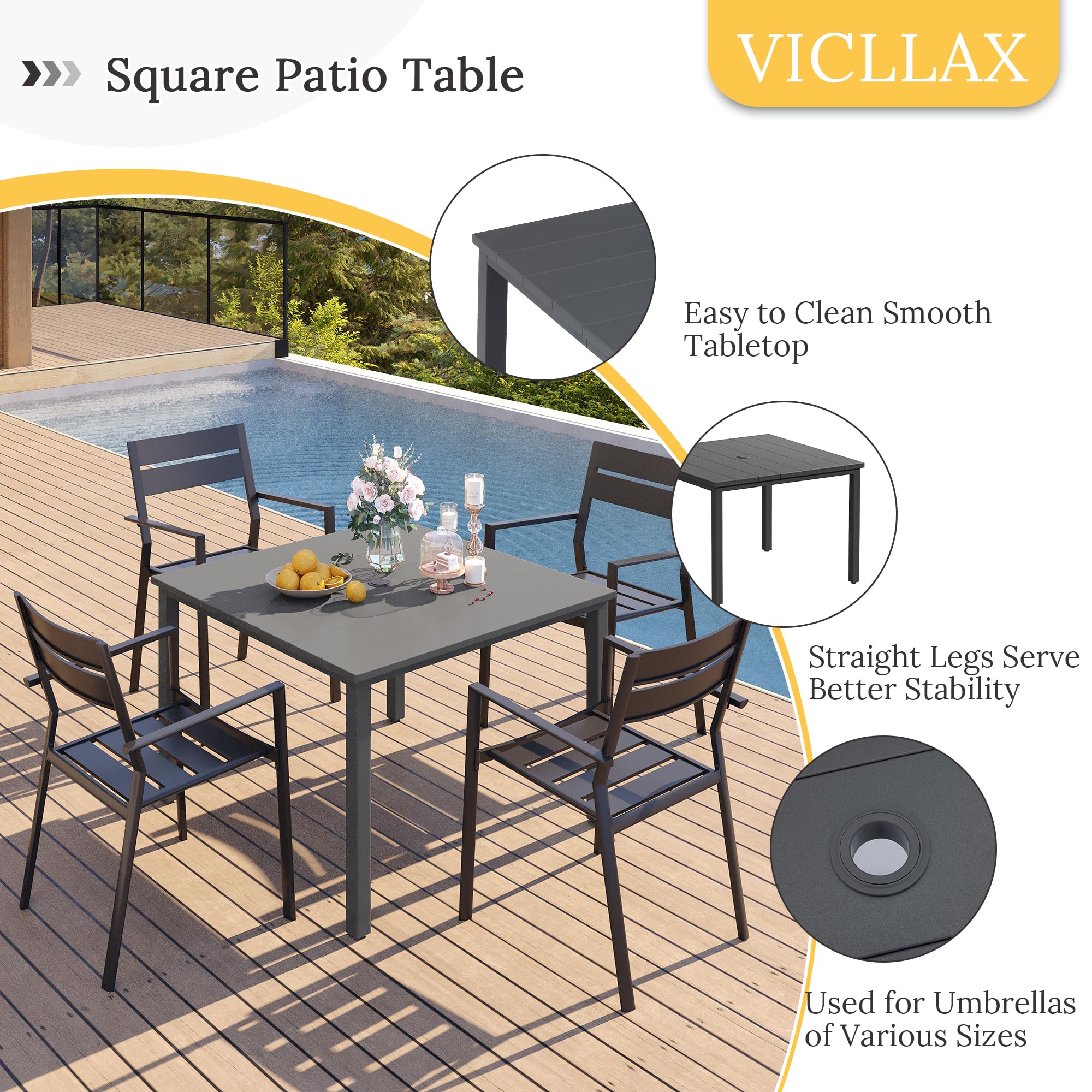 VICLLAX 40.2 Inch Square Outdoor Dining Table for 4 People - All-Weather Metal Patio Table with Umbrella Hole - Grey Garden Table for Lawn, Backyard, Deck & Poolside Dining