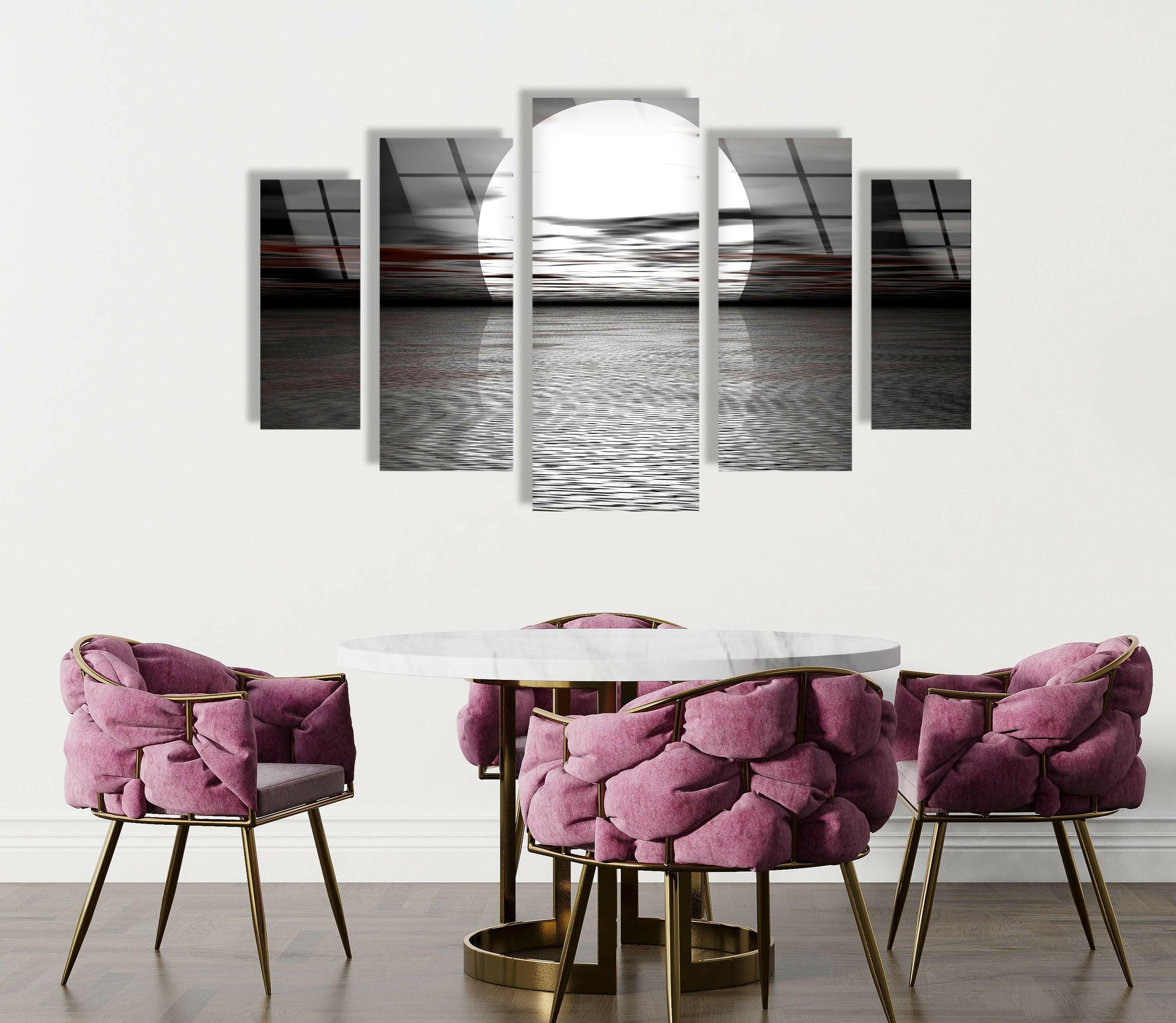 Stunning Black & White Full Moon Sea Landscape Glass Wall Art - Elegant Home Decor for Living Room, Bedroom & Office