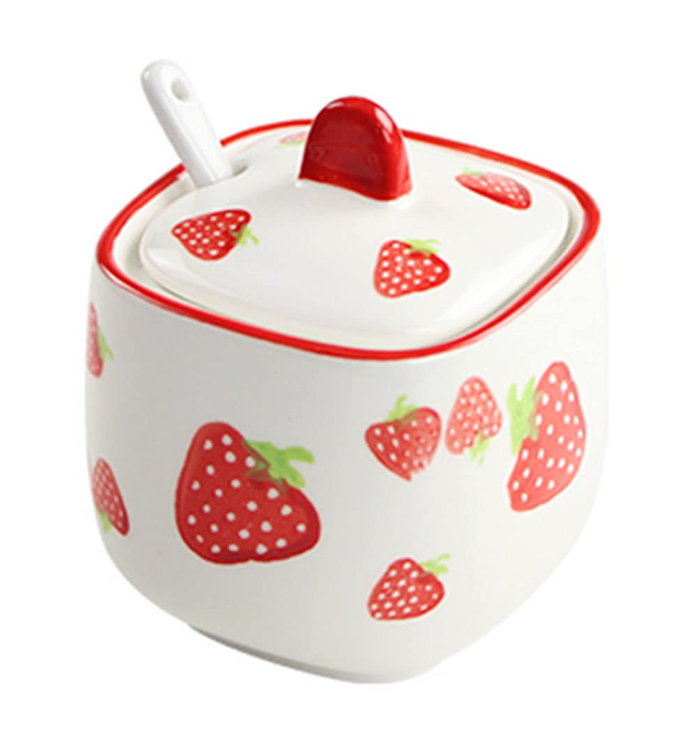 Ceramic Strawberry and Flower Sugar Bowl with Lid and Spoon - Elegant Spice Jar for Tea, Coffee, and Dessert Table Decor