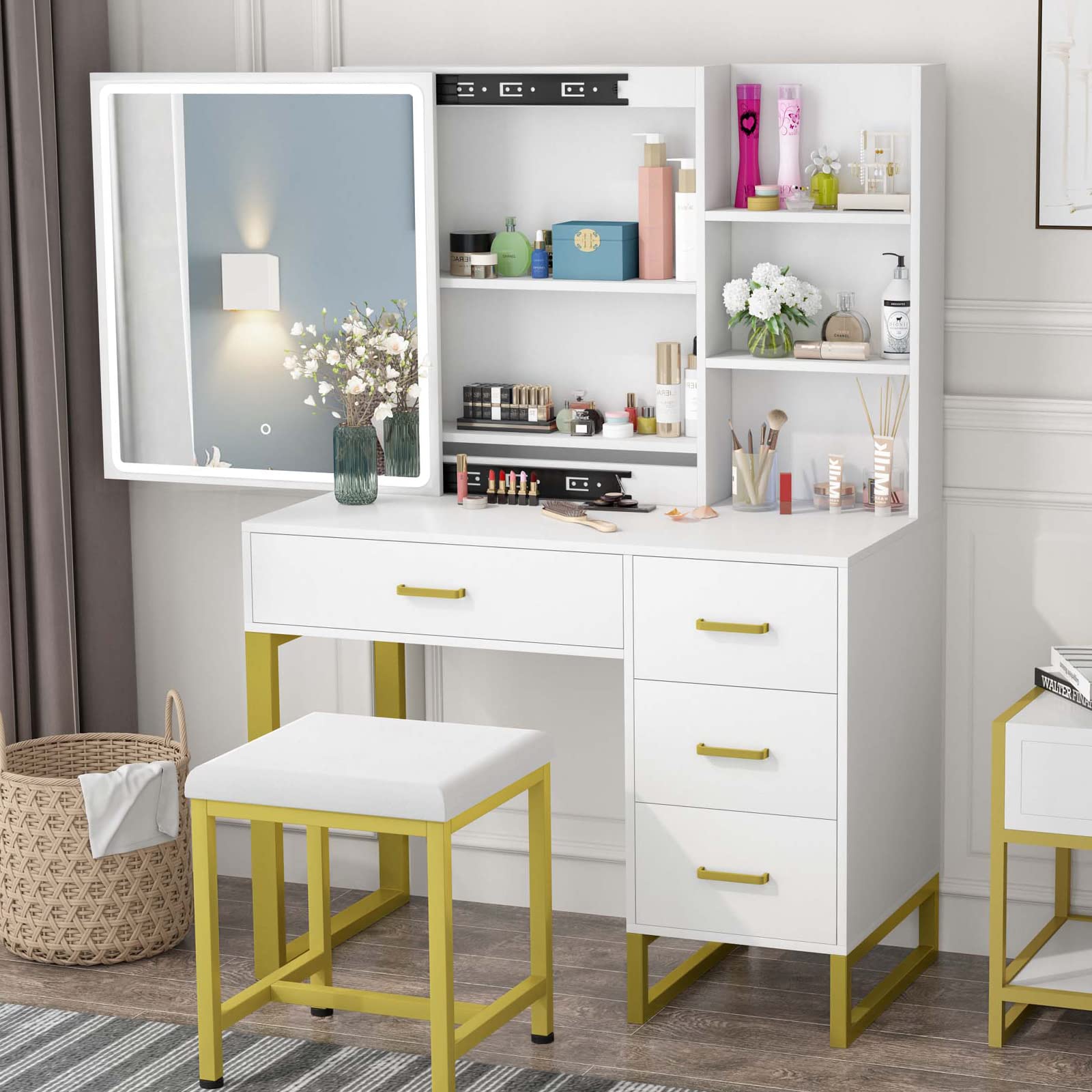 PAKASEPT White Makeup Vanity Desk with Sliding Lighted Mirror, 4 Drawers & Hidden Storage - Dressing Table with Cushioned Stool for Bedroom, Home Decor & Beauty Organization | Perfect for Small Spaces, Makeup Application & Vanity Setup