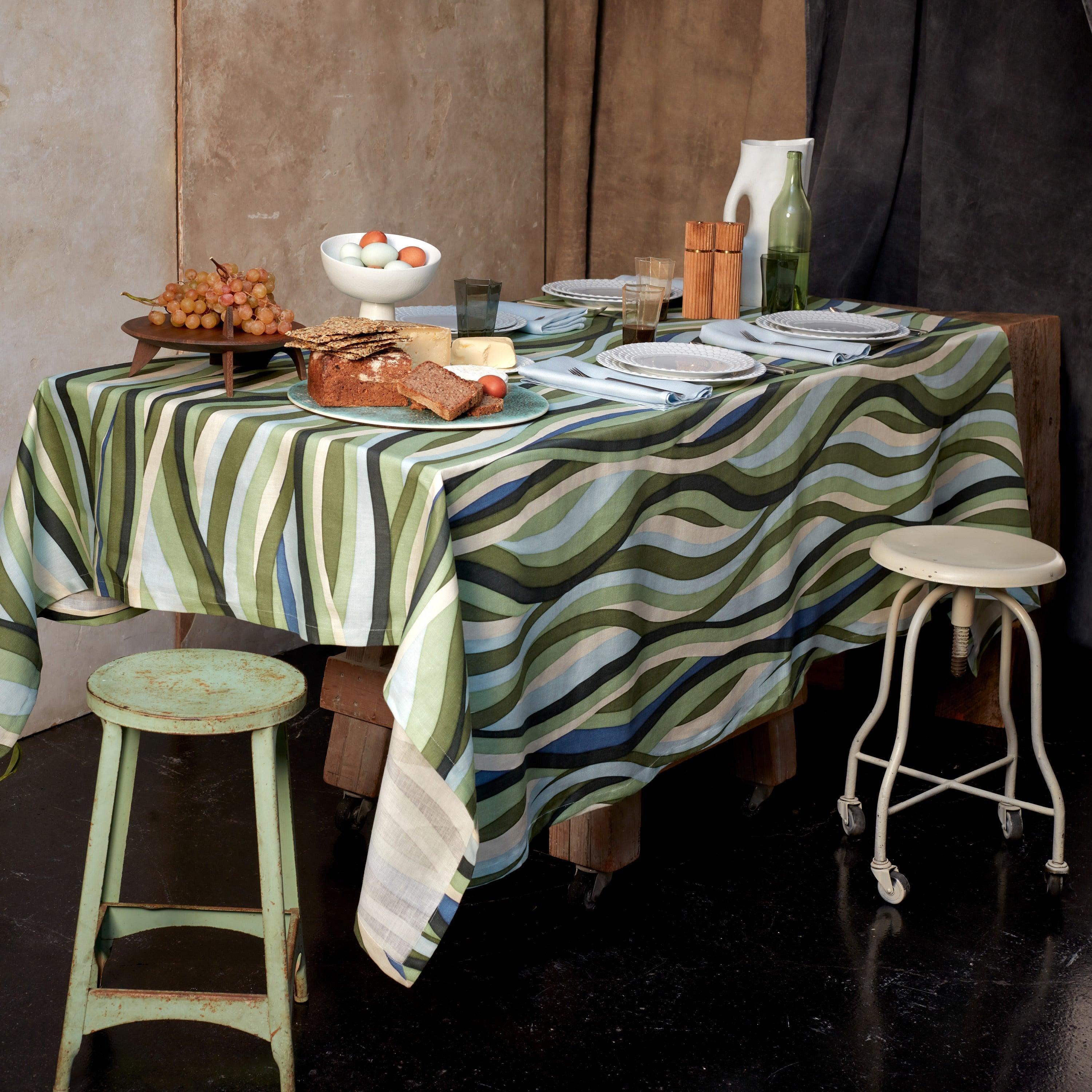 Premium Linen Sateen Tablecloth - Blue & Green Landscape Design for Dining Room, Kitchen, or Outdoor Picnic Table Decor