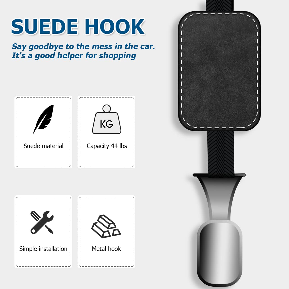 AUCELI 2 Pack Car Seat Headrest Hooks - Suede Storage Organizer with Metal Hanger for Vehicle Backseat | Perfect for Hanging Grocery Bags, Purses & Shopping Items | Durable Auto Interior Accessories (Black)