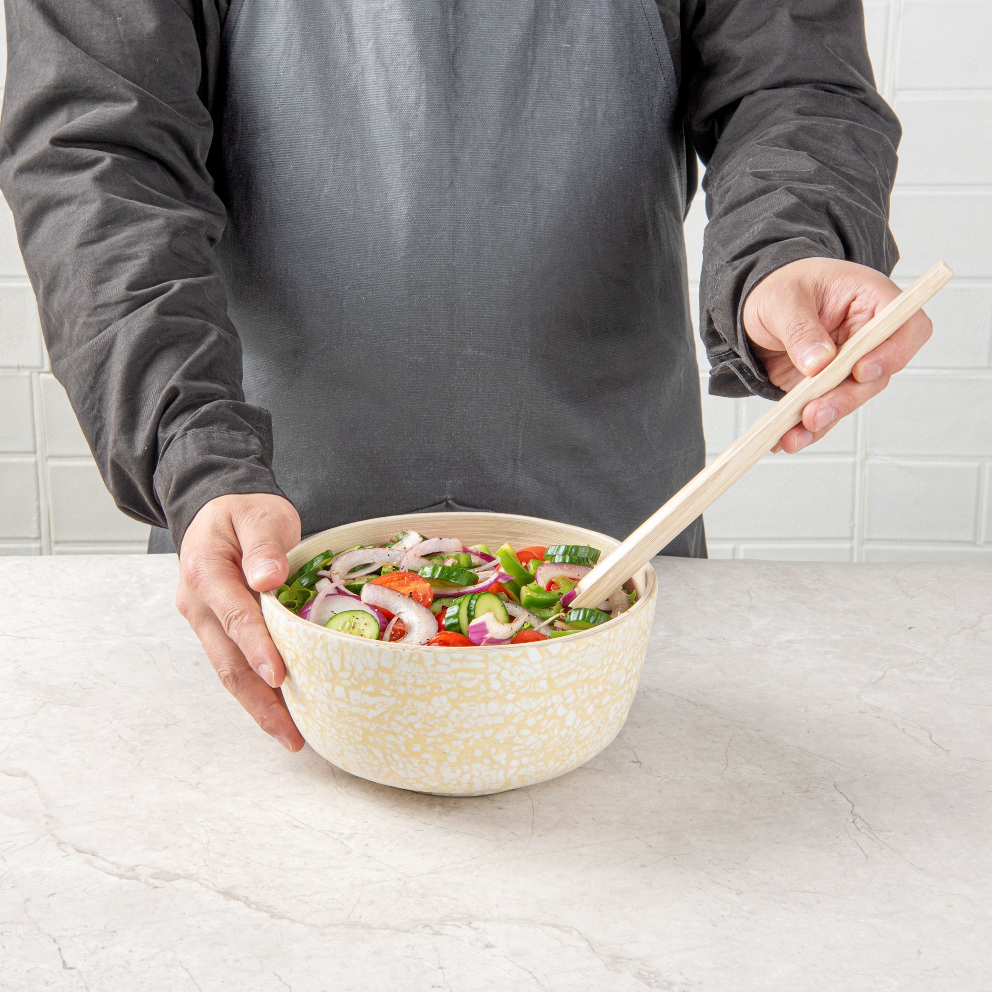 Bambuddha 15 oz Round Beige Spun Bamboo Small Eggshell Salad Bowl - 7.75