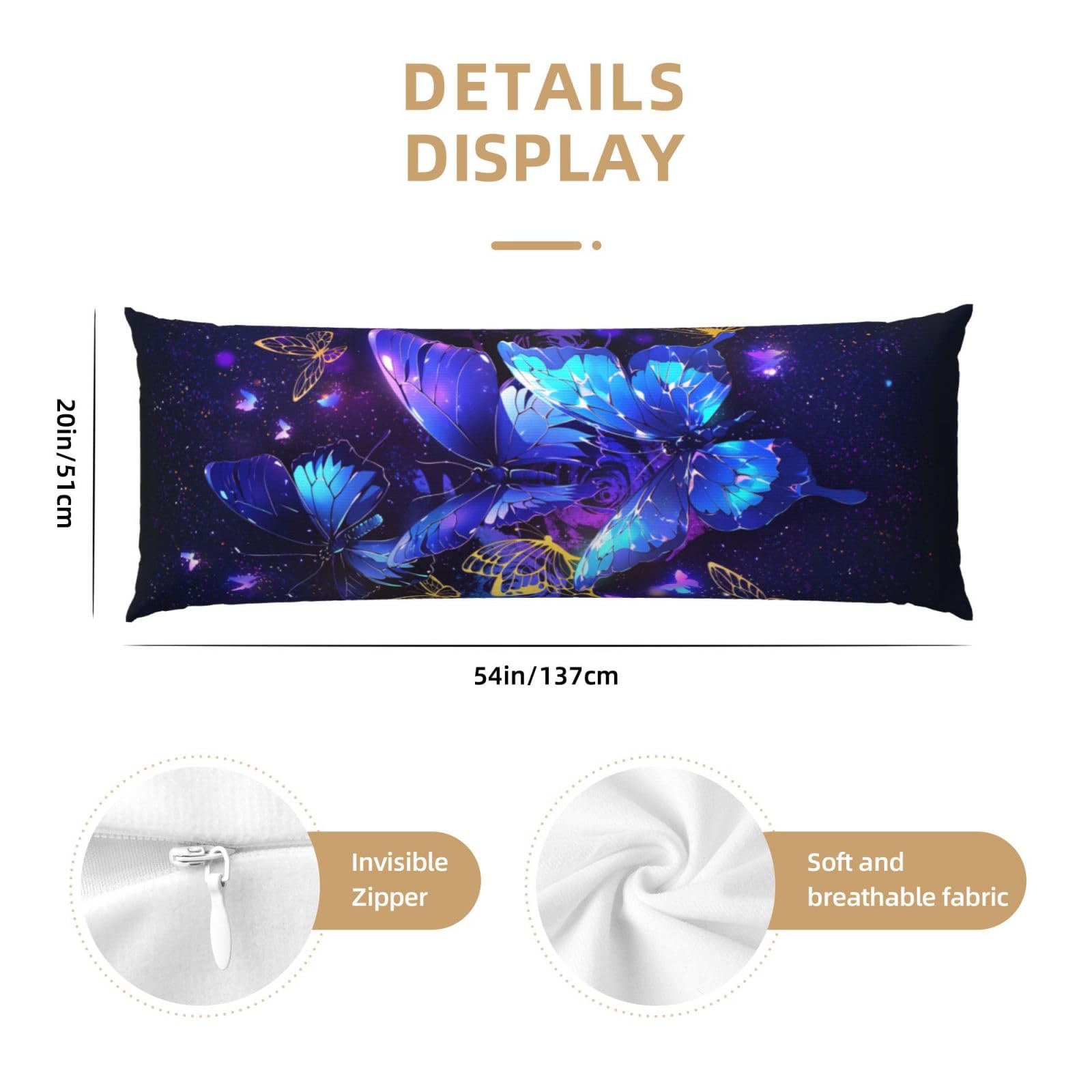 Butterfly Body Pillow Cover 20x54 Inches - Soft Breathable Pillowcase with Hidden Zipper for Adults & Kids - Perfect for Sleeping, Lounging, and Anime Fans (Gift for Women, Men, Boys, Girls)