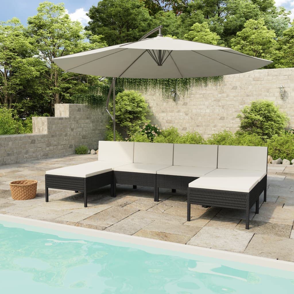 6-Piece Patio Lounge Set with Cushions - Black Poly Rattan Sofa for Outdoor, Indoor, Garden, Backyard - Durable PE Rattan & Powder-Coated Steel Frame - Perfect for Relaxing, Entertaining, and Lounging in Your Outdoor Living Space