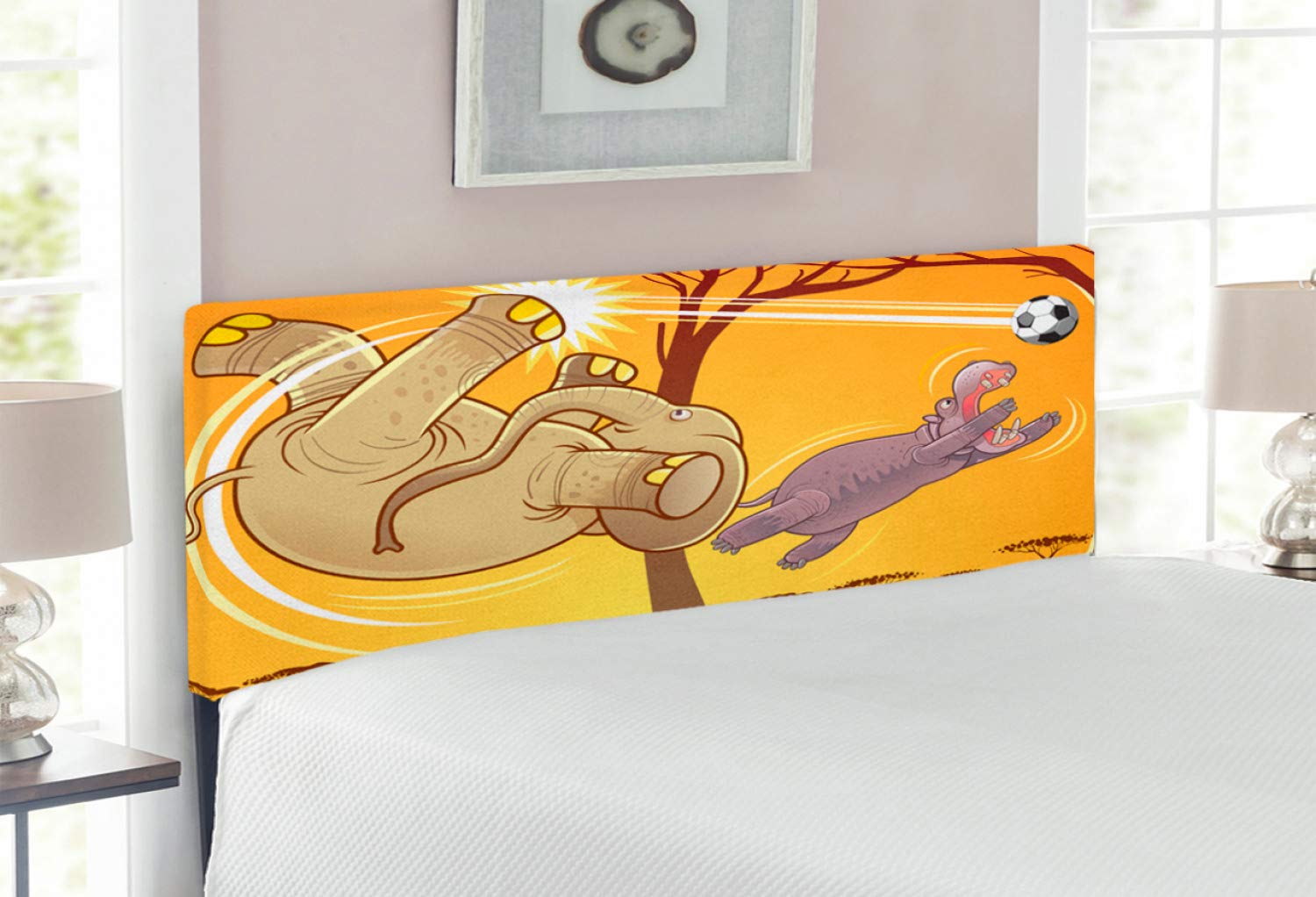 Ambesonne Elephant Headboard - Full Size Upholstered Metal Bed Frame with Memory Foam | Cartoon Animal Print Design (Elephant & Hippo Playing Football) in Orange, Umber & Purple | Perfect for Kids' Bedroom, Nursery or Playroom Decor