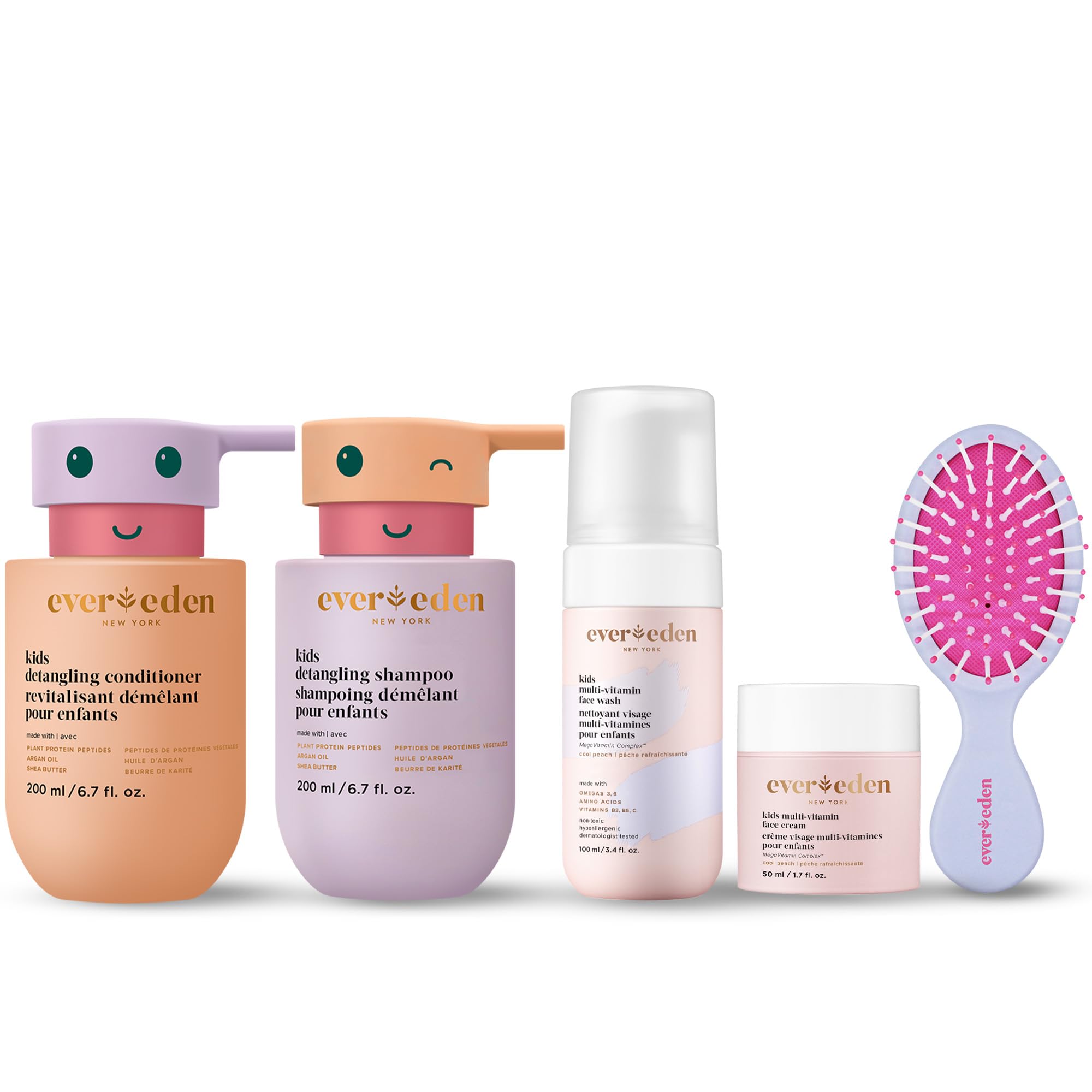 Evereden Complete Kids Hair & Skin Care Set - Gentle Vegan Shampoo, Conditioner, Face Wash & Moisturizer for Children 3+ | Detangling Brush Included | Perfect for Daily Bath Time & School Morning Routine