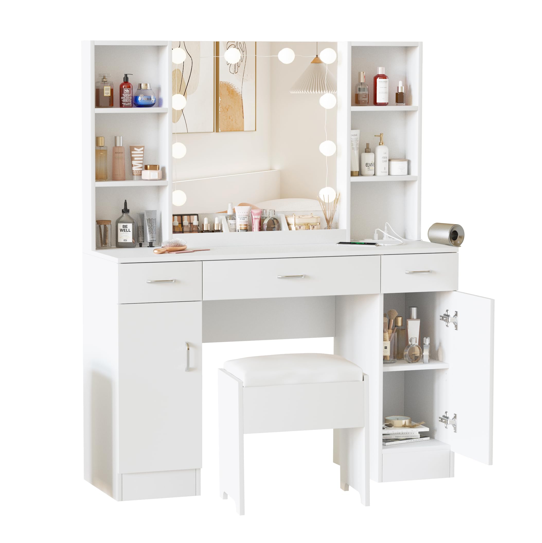 Premium Makeup Vanity Table with LED Lighted Mirror & Built-in Outlets - Large Dressing Table with Ample Storage, 3 Lighting Modes & Adjustable Brightness (45 Inch) - Perfect for Home Beauty Salon, Bedroom Decor & Professional Makeup Artists