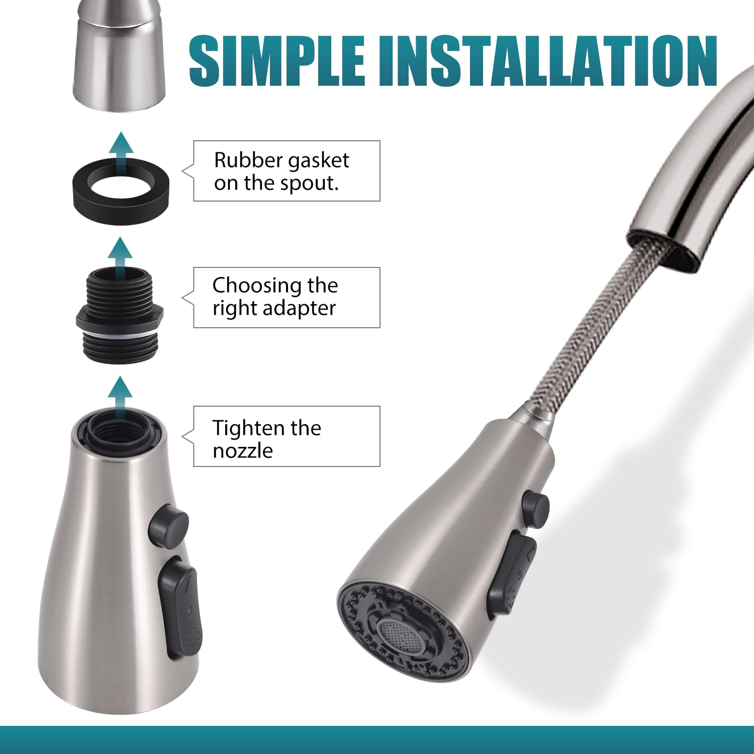 4 Function Kitchen Sink Faucet Replacement Nozzle with 11 Adapters - Durable, Efficient, Easy to Install, Nickel Finish for Multiple Faucets - Perfect for Home Kitchen Upgrades and Repairs