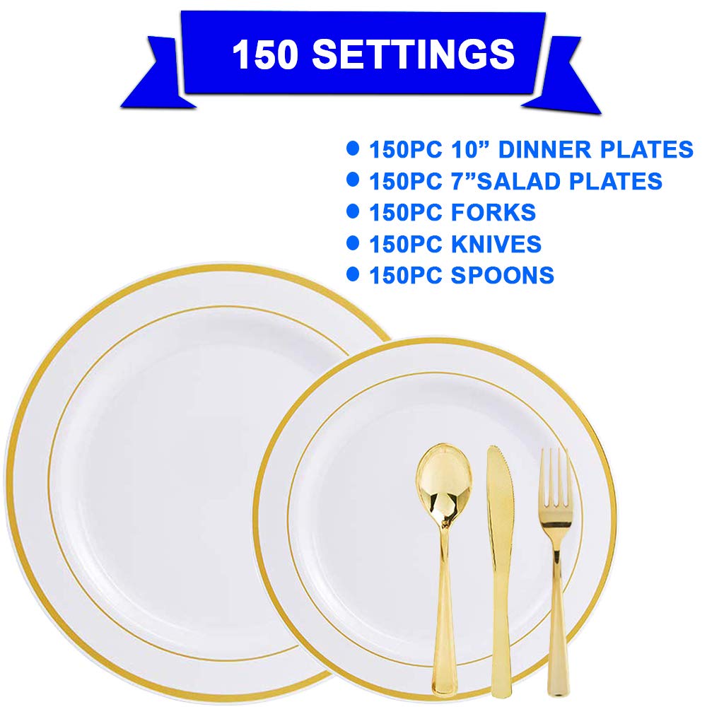 750-Piece Elegant White Plastic Dinner Plates with Gold Trim & Gold Silverware Set - Disposable Tableware for 150 Guests - Perfect for Weddings, Parties, and Catering Events