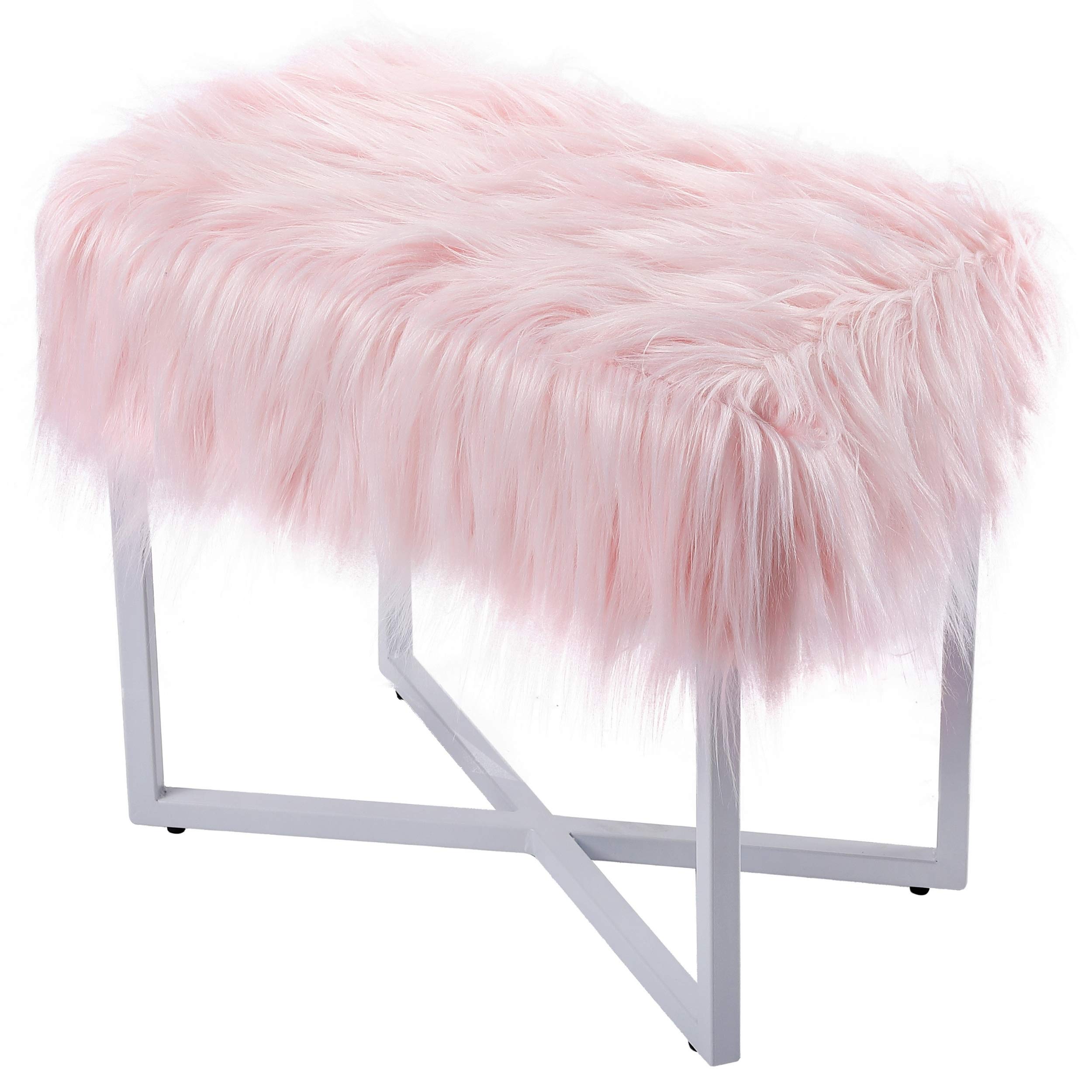 BIRDROCK HOME Small Pink Rectangular Faux Fur Vanity Stool Ottoman with White Metal Legs - Fluffy Makeup Seat & Cute Footrest - Perfect for Bedroom, Dressing Table, Girls Dorm or Office Desk - Compact Chair for Home Decor & Vanity Area