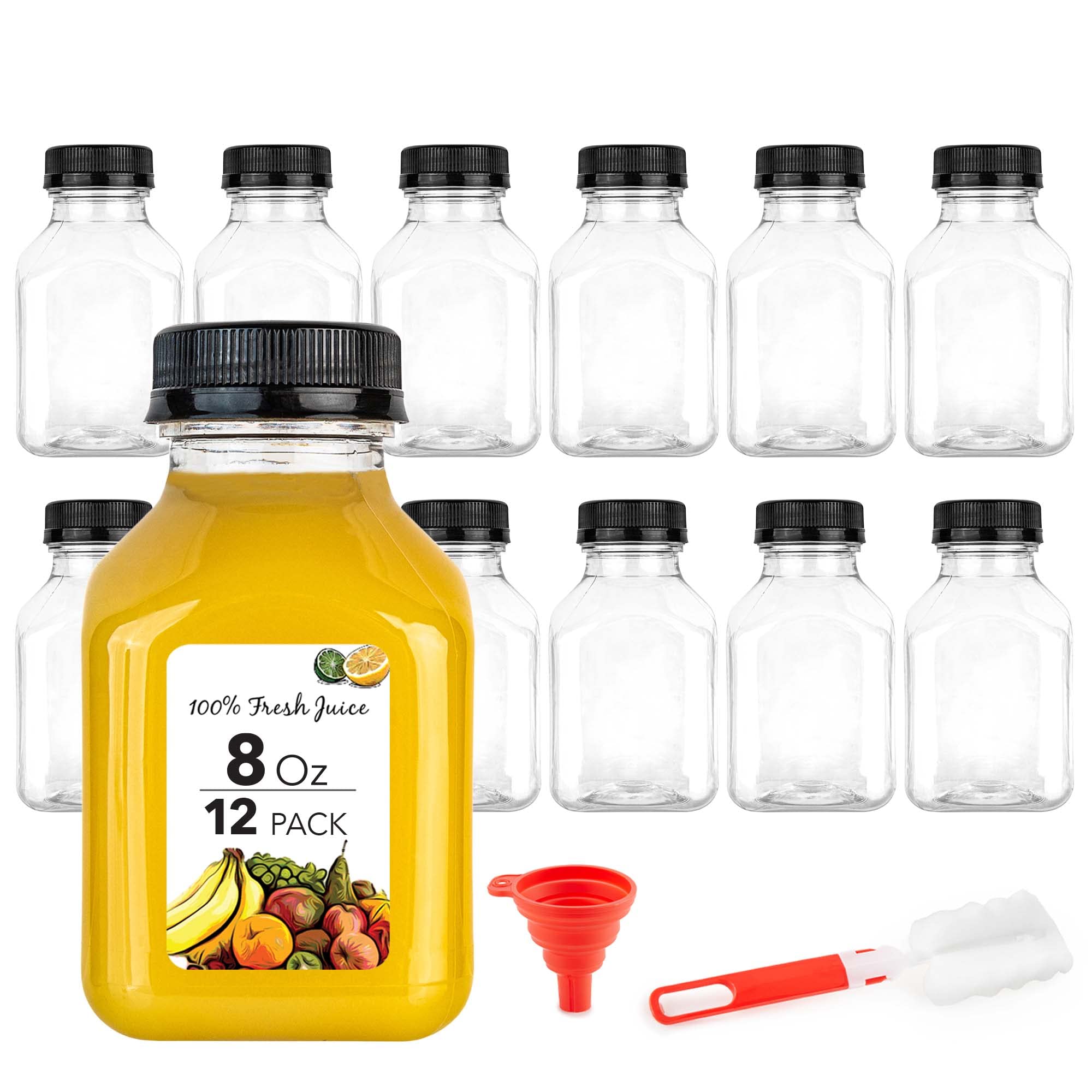 8 oz Reusable Clear Plastic Juice Bottles with Caps (12 Pack) - Empty Drink Containers for Juicing, Shots, Mini Fridge Storage - Includes Labels, Cleaning Brush & Funnel | Perfect for Homemade Juices, Smoothies, Meal Prep & On-the-Go Hydration