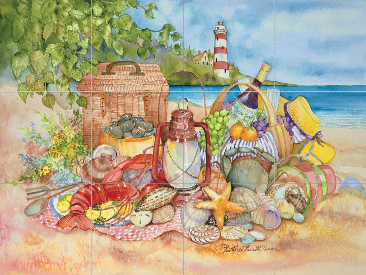 Ceramic Backsplash Tile Mural - Sea Shell Themed Kitchen Bathroom Shower Wall Decor - Bayside Picnic by Kathleen Parr McKenna - Perfect for Coastal, Beach House, and Nautical Style Interiors