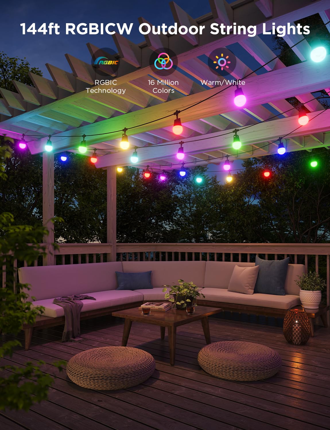 Govee 144ft Smart Outdoor String Lights with Dimmable Warm White LED Bulbs - 47 Scene Modes, IP65 Waterproof, Alexa & App Control - Perfect for Patio, Backyard, Balcony, Garden & Outdoor Parties