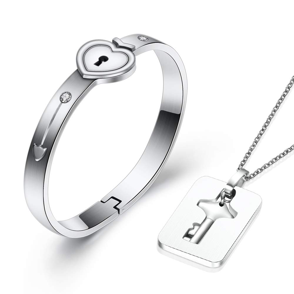 His and Her Matching Love Heart Key Lock Bangle Bracelet & Necklace Set - Romantic Couple Jewelry for Women & Men | Anniversary, Valentine's Day Gift Idea for Boyfriend & Girlfriend