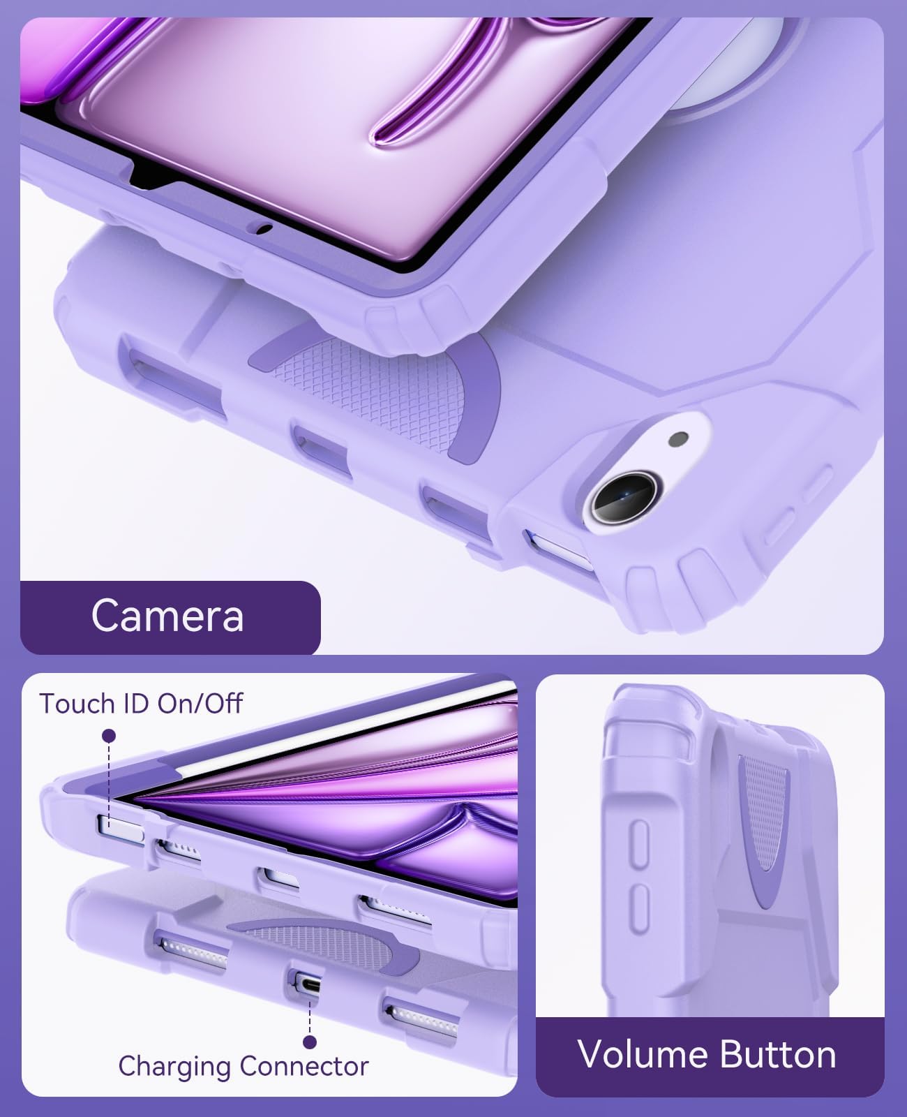 Premium Shockproof Rugged Case for iPad Air 11-inch (M3 2025/M2 2024) & 10.9-inch (5th/4th Gen 2022/2020) - Heavy Duty Protective Cover with Dual Layer Defense in Purple - Perfect for Outdoor Adventures, Construction Sites & Travel Protection