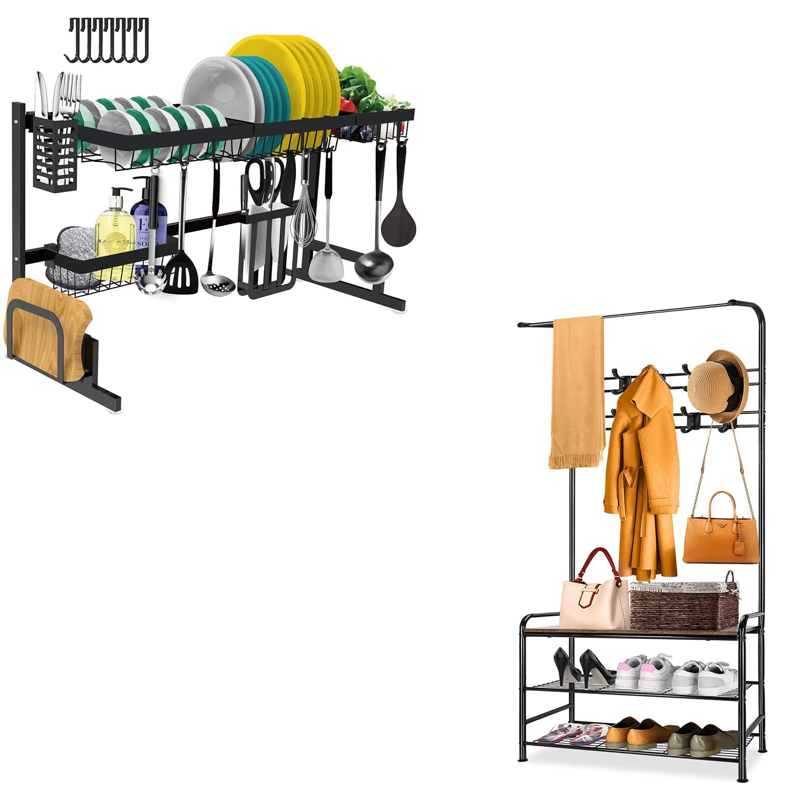 Over The Sink Dish Drying Rack & Entryway Shoe Coat Organizer - Space Saving Kitchen & Hallway Storage Solution for Utensils, Shoes & Outerwear