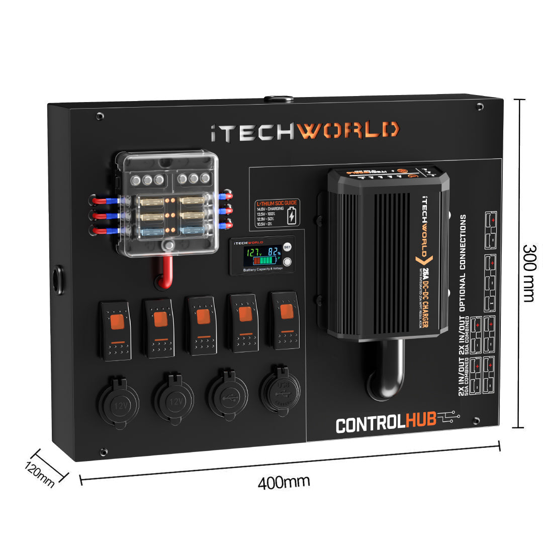 iTechworld 25A DC-DC Charger Control Hub - Dual Battery System for RVs, Boats & Off-Grid Power - Perfect for Camping, Marine & Solar Applications