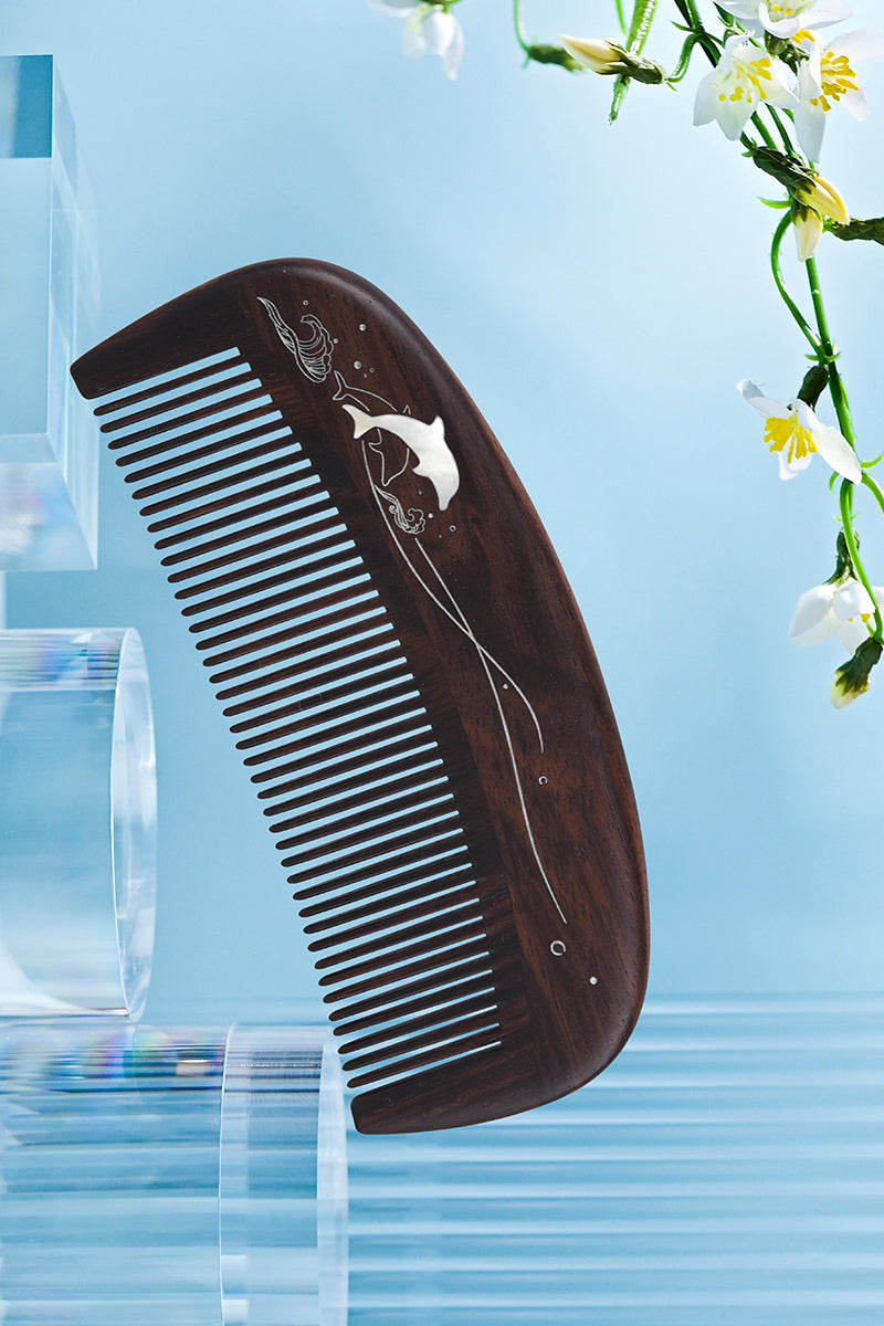 Handmade Seashell Dolphin Wooden Comb - Natural Hair Care for Women & Men - Perfect for Travel, Gifts & Daily Styling