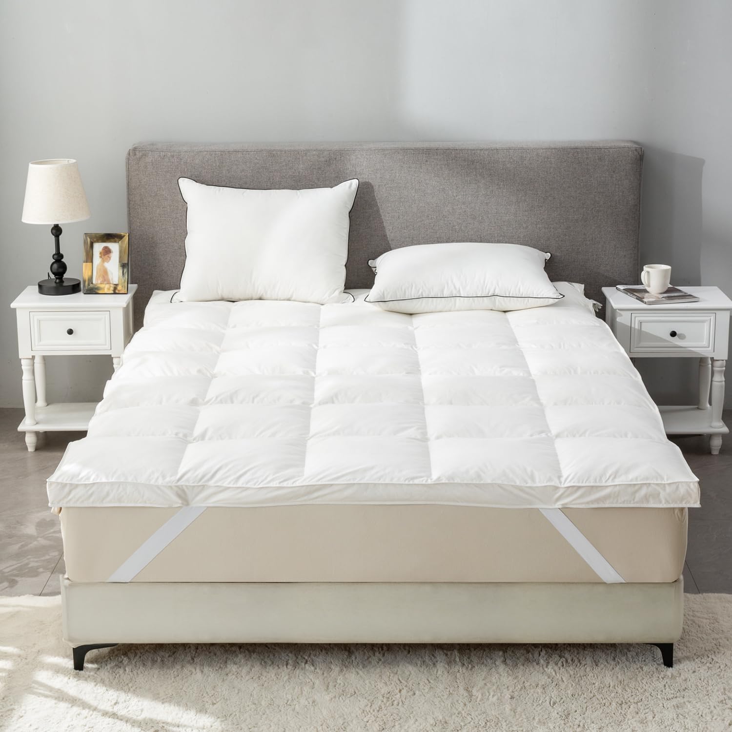 Premium Goose Down Feather Mattress Topper - Plush Soft & Fluffy Baffled Pillowtop with Secure Straps - All Season Comfort for Full Size Bed (54