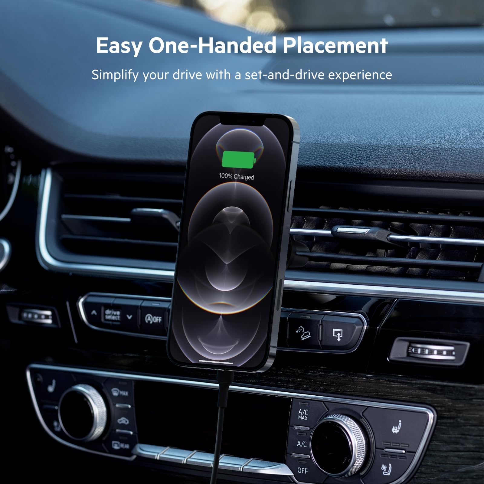 Belkin MagSafe-Compatible 10W Magnetic Wireless Car Charger with Vent Mount - BoostCharge Pro Fast Charging for iPhone 16/15/14/13 Series (Includes Power Adapter, Black) | Perfect for Safe Hands-Free Driving & GPS Navigation