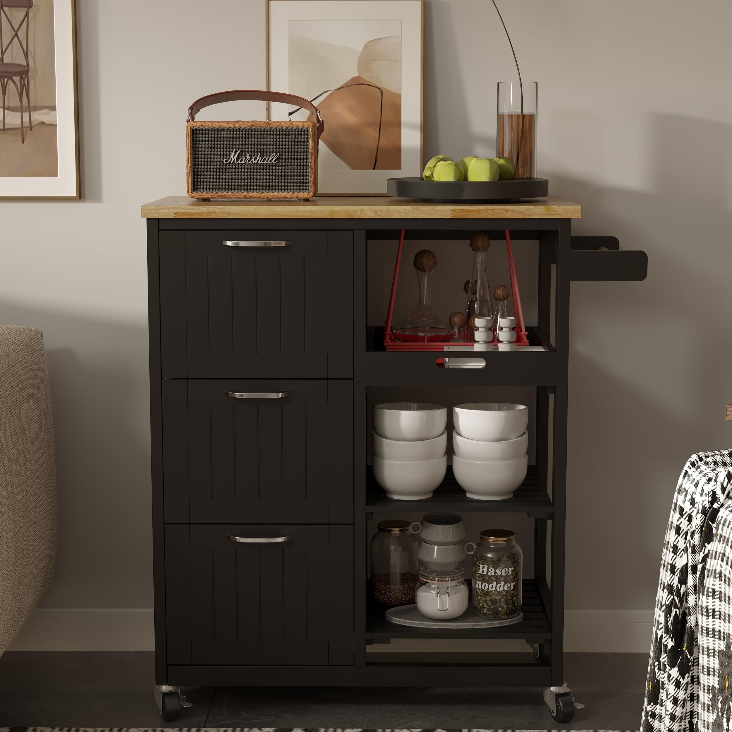 Usinso 3-Tier Rolling Kitchen Cart with Storage - Small Kitchen Island on Wheels, 3 Drawers & Solid Wood Top, Handle Racks - Perfect for Small Spaces, Serving Bar Cart, Pantry Organization & Mobile Kitchen Workstation (Black)