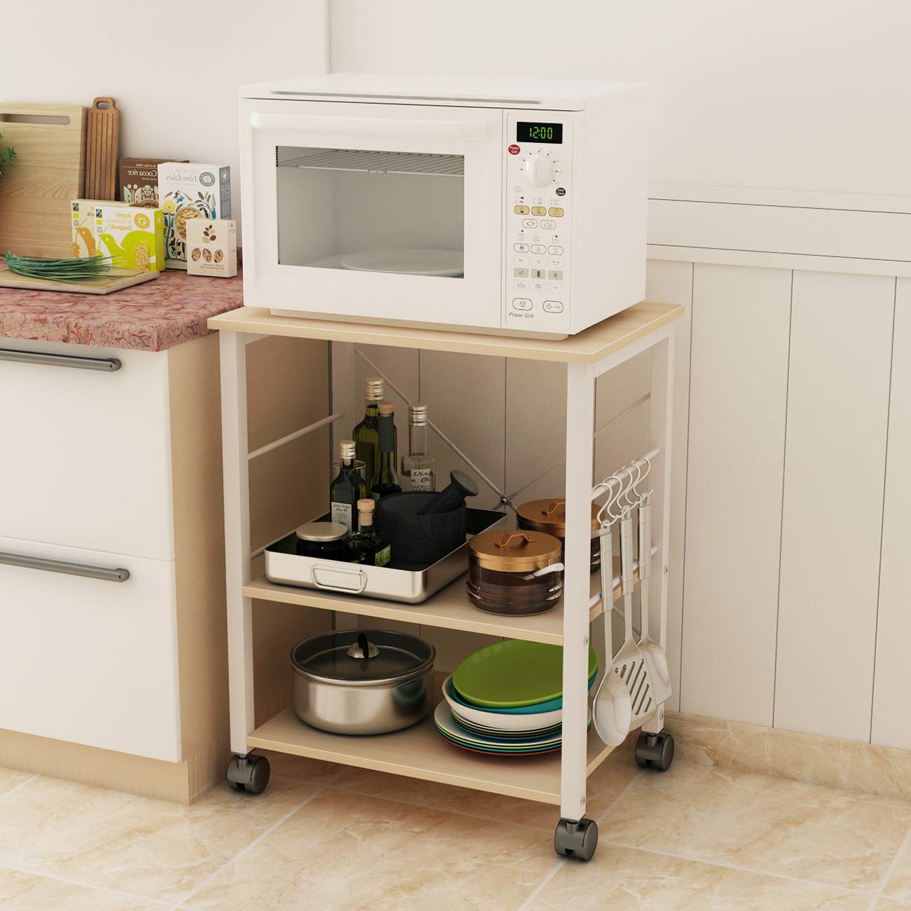DlandHome 3-Tier Rolling Kitchen Cart - Microwave Stand, Baker's Rack & Appliance Table with Wheels, Small Utility Cart for Kitchen Storage (W4-Maple) - Perfect for Small Spaces, Apartment Cooking & Microwave Organization