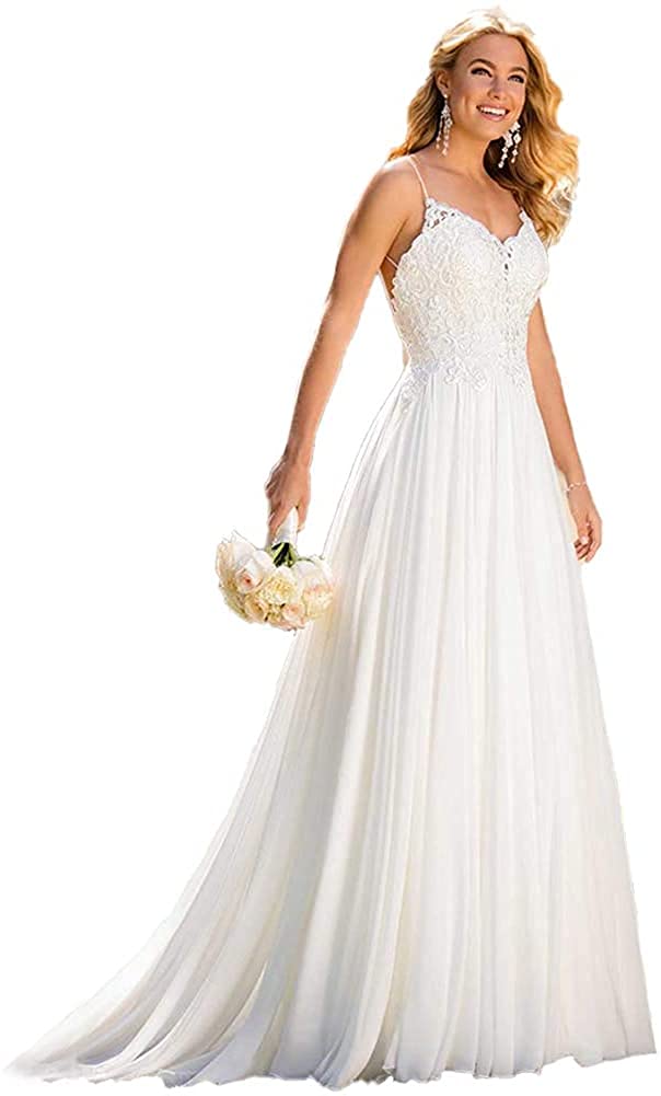 Boho Lace Beach Wedding Dress for Women - Spaghetti Straps Summer Bridal Gown with Lace Bodice | Perfect for Beach, Destination, and Outdoor Weddings