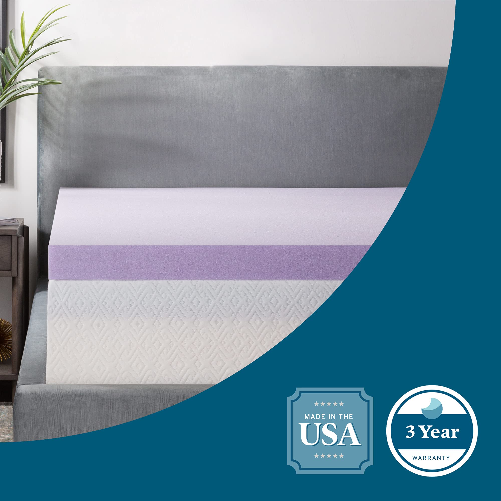 LUCID 3 Inch Lavender Infused Memory Foam Mattress Topper - Ventilated Cooling Design - Queen Size Bed Topper for Pressure Relief & Back Pain - Perfect for Hot Sleepers & Allergy Sufferers