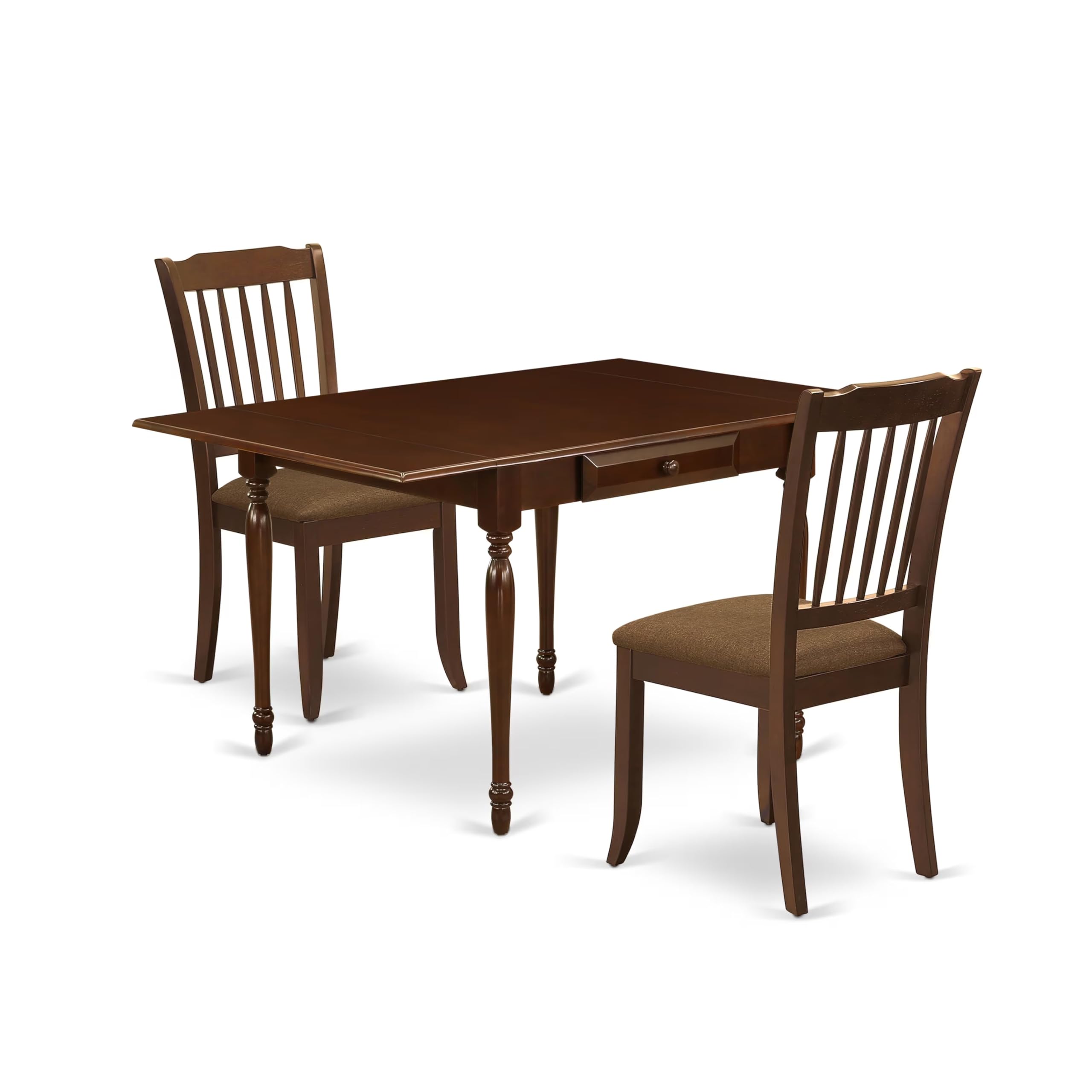 East West Furniture MZDA3-MAH-C 3-Piece Small Space Kitchen Table Set with Drop-Leaf Dining Table & 2 Linen Upholstered Chairs, 36x54 Inches, Mahogany - Perfect for Apartments, Breakfast Nooks, and Cozy Dining Areas