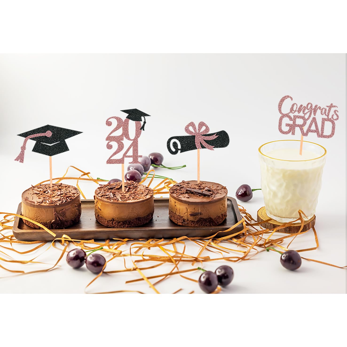 24Pcs Rose Gold Graduation Cupcake Toppers - Class of 2025 Cake Decorations, Food Picks for Graduation Party, School Ceremony & Celebration Supplies - Perfect for Graduation Cakes, Cupcakes & Dessert Displays