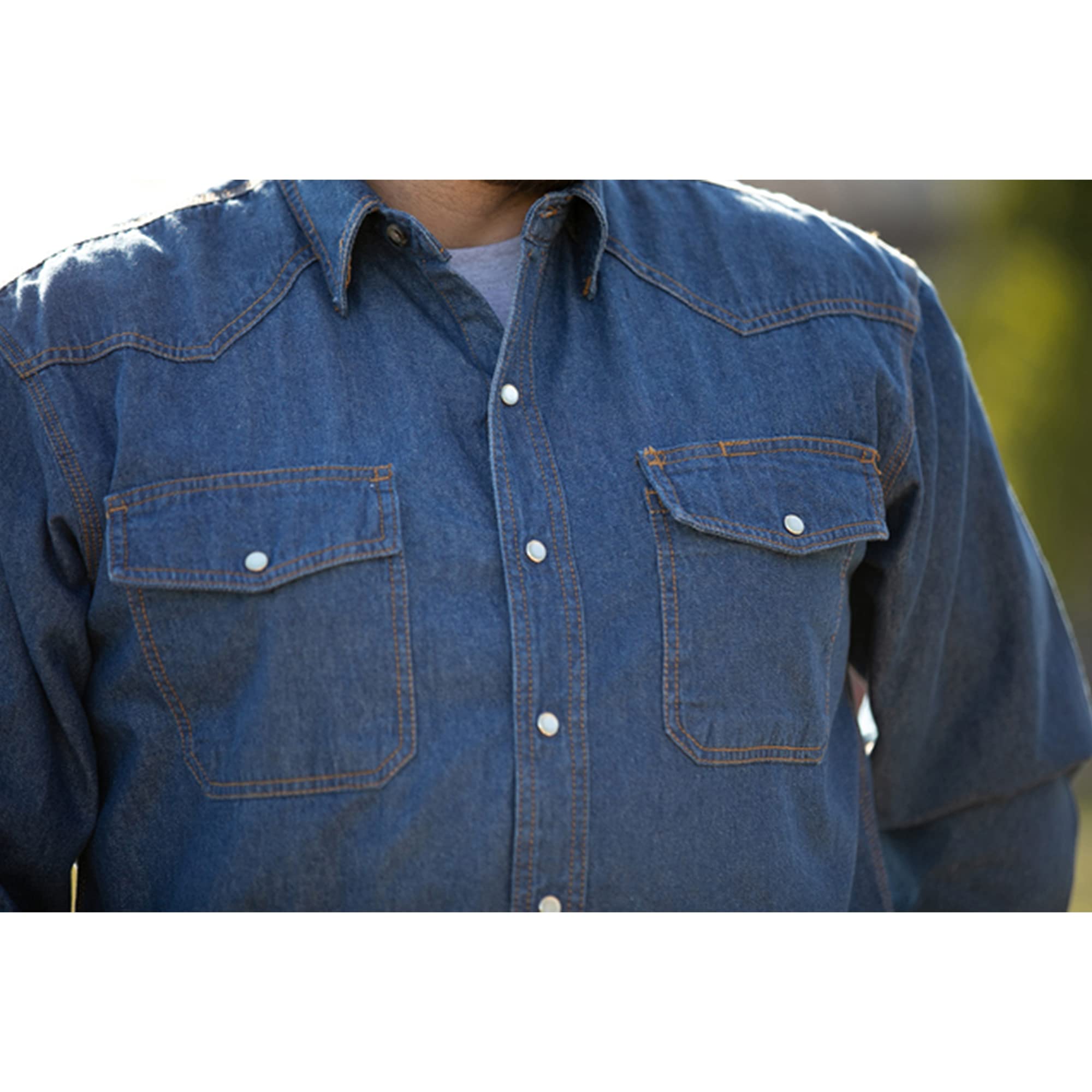Men's Denim Pearl Snap Western Shirt - Lightweight Durable Work Wear for Cowboys & Ranchers