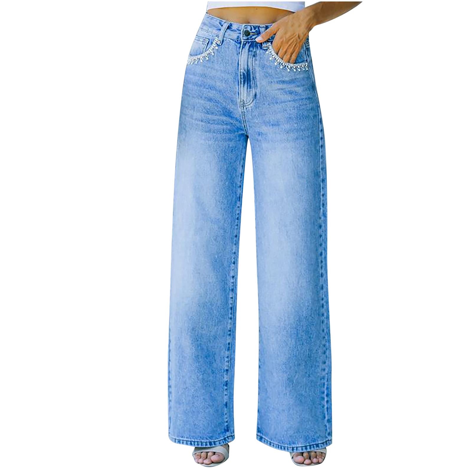 Women's High Waist Baggy Jeans - Wide Leg Denim Pants with Flap Pockets | Straight Cut Casual Loose Trousers | Classic Streetwear Style | C-Blue Color | XX-Large Size | Perfect for Everyday Wear, Street Fashion & Casual Outings