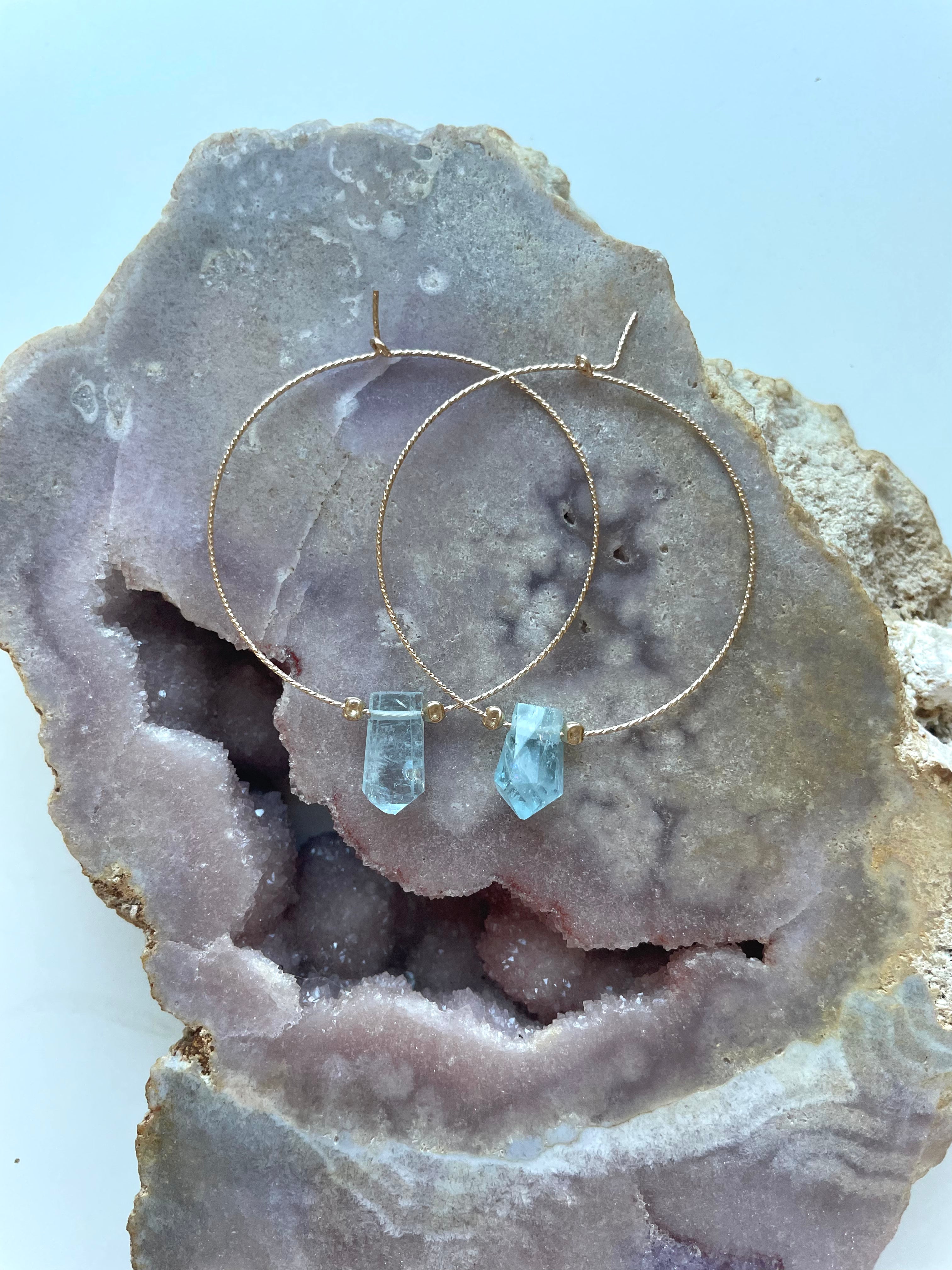 Thin Aquamarine Boho Hoop Earrings - 14K Gold Filled Dainty Jewelry for Women - Perfect for Beach Weddings & Boho Fashion