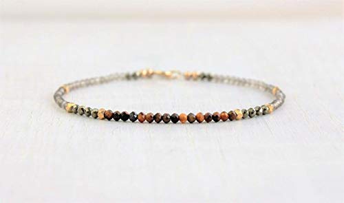 Precious-GEMS Gold Filled Smoky Quartz & Tiger Eye Bracelet with Pyrite Beads - Healing Crystal Jewelry for Women, Beaded Gemstone Bracelet - Perfect Gift for Mom, Birthday, Meditation & Spiritual Healing